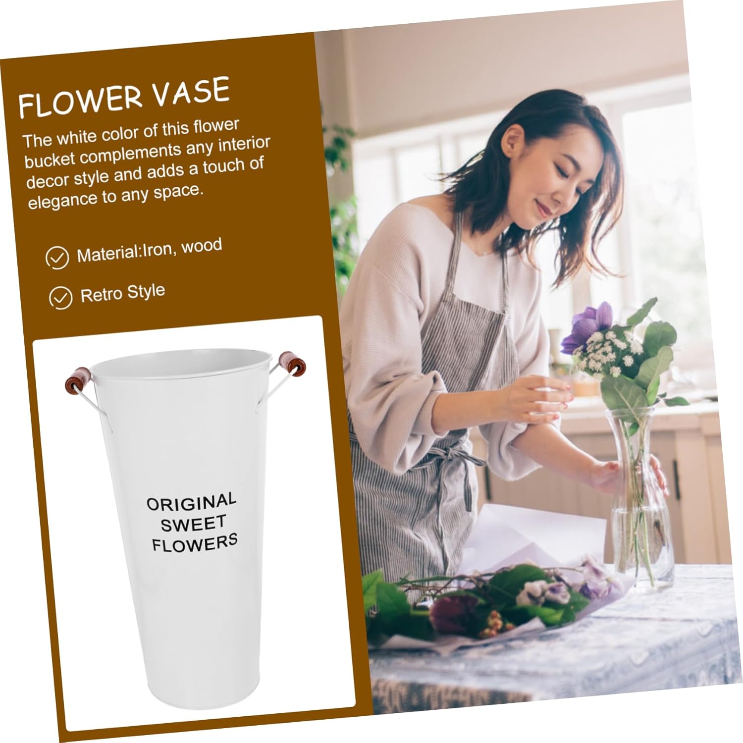 Rustic Vintage Flower Bucket Handle Vase for Farmhouse Decor