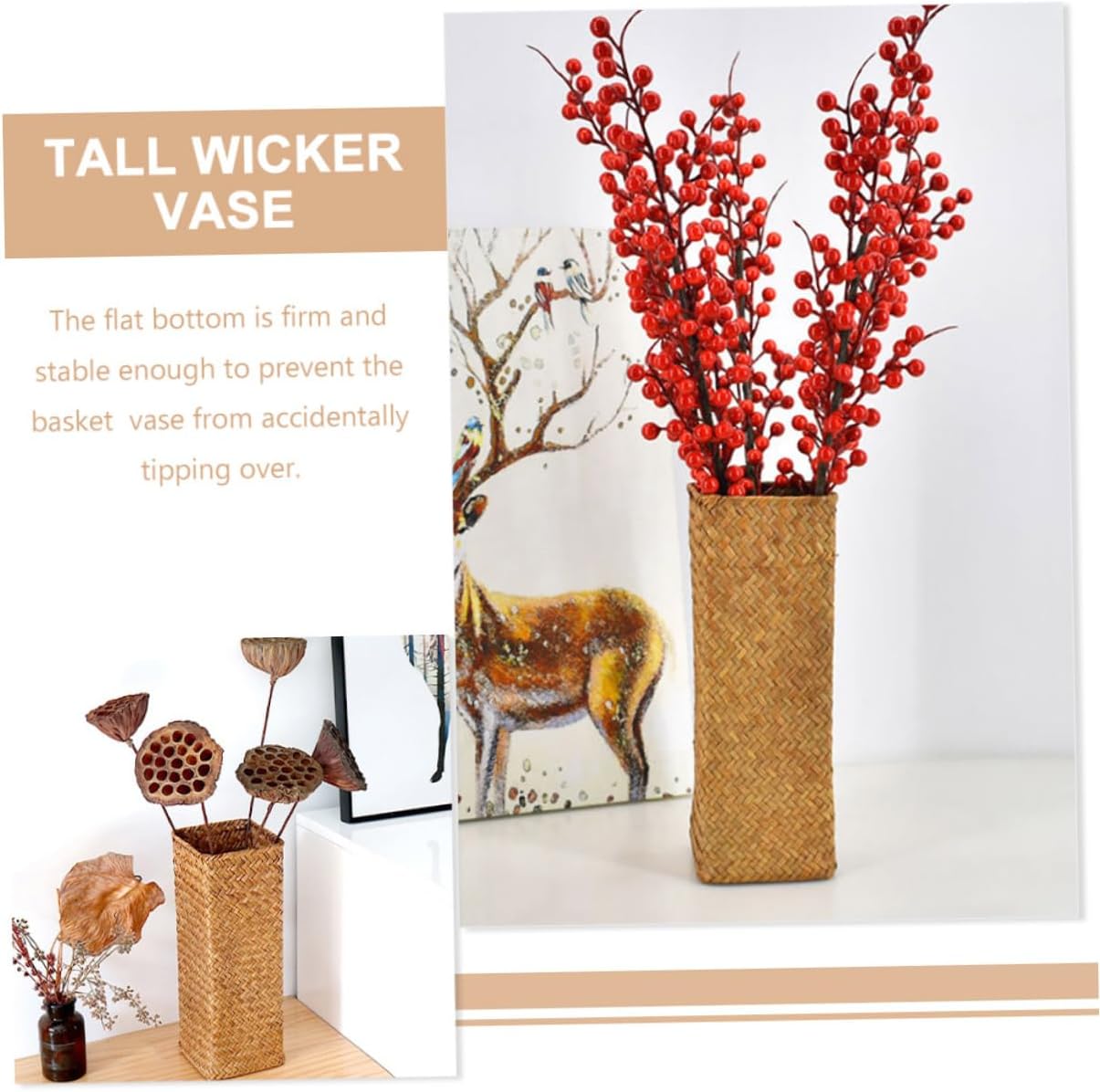 VINTORKY Woven Dried Flower Vase Rustic Tall Rattan Decorative Container