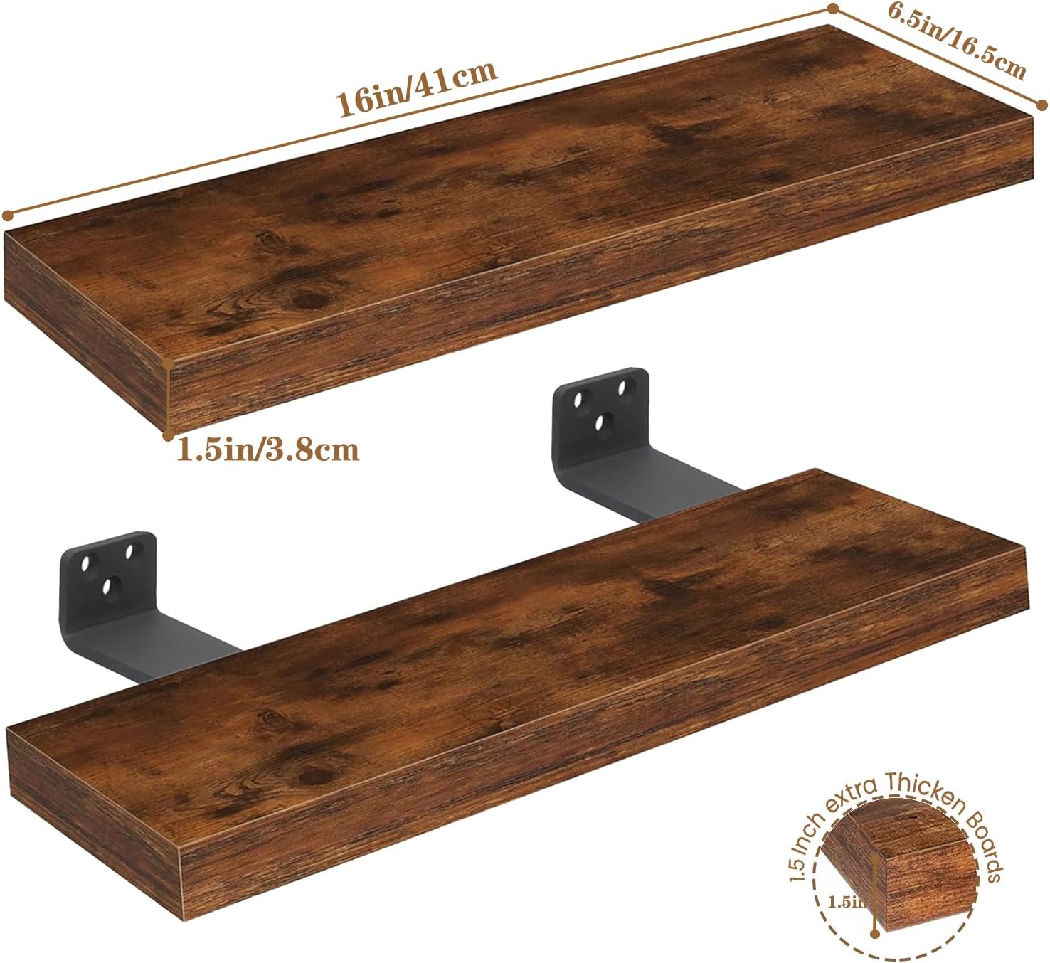 Set of 2 Rustic Wood Floating Shelves with Heavy Steel Brackets