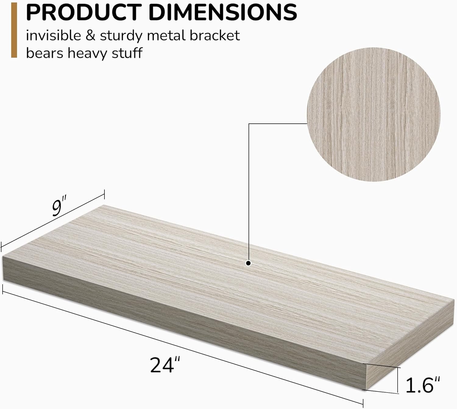 Floating Shelves - 24 Inch Rustic Grey Wooden Wall Shelves - 2 Pack