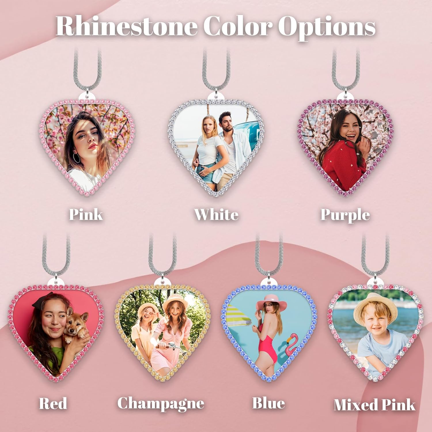 Personalized Photo Car Mirror Ornament - Custom Double-Sided Acrylic Heart Shape with Rhinestone Trim - White