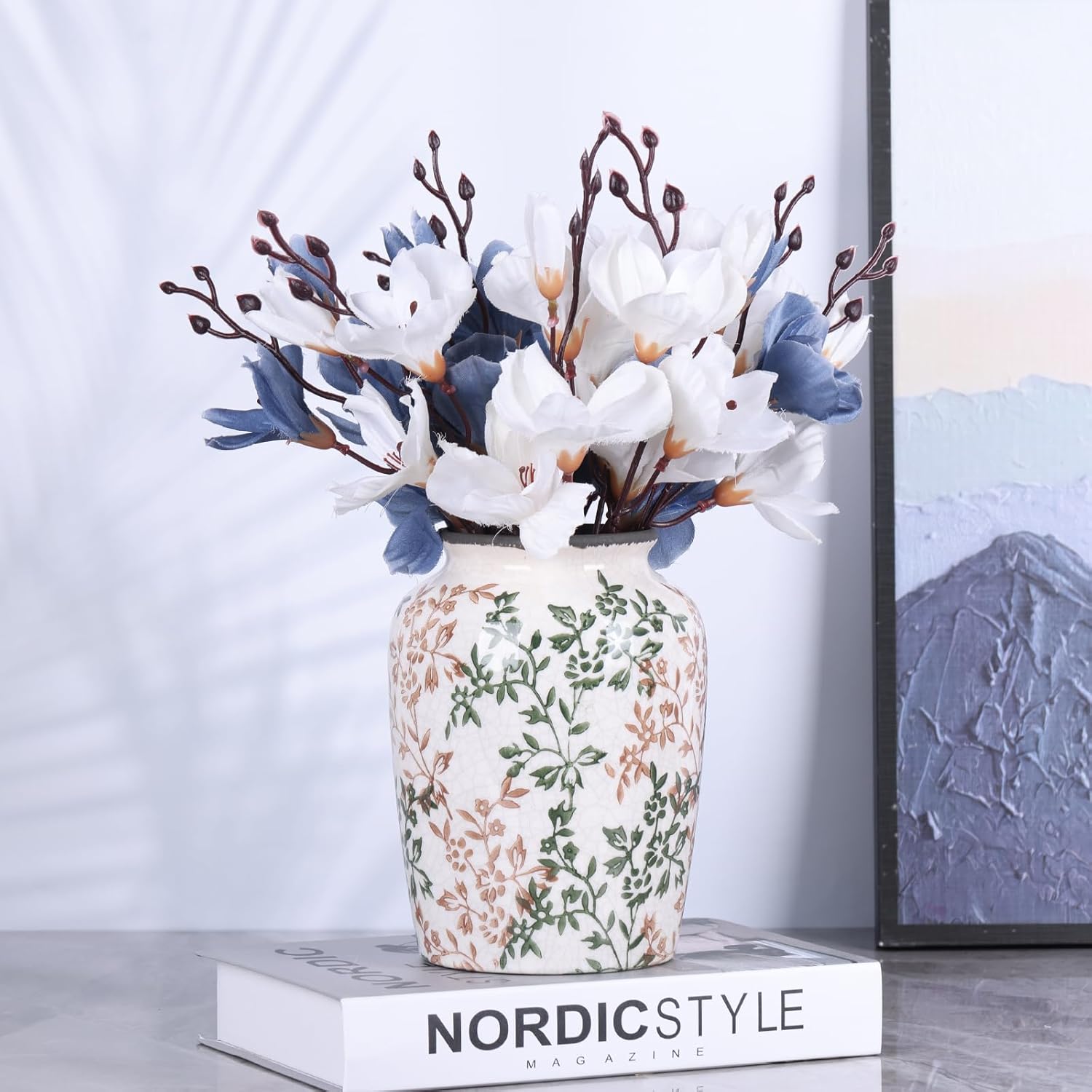 Vintage Green Ceramic Floral Vase - Retro Ice-Cracked Design