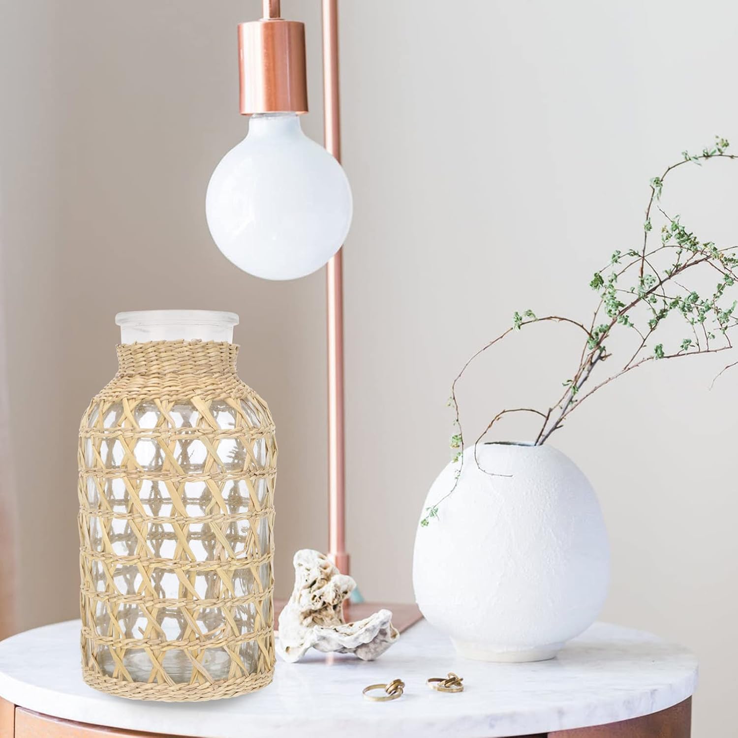 Stobaza 1Pc Rattan Woven Glass Vase for Home Decor