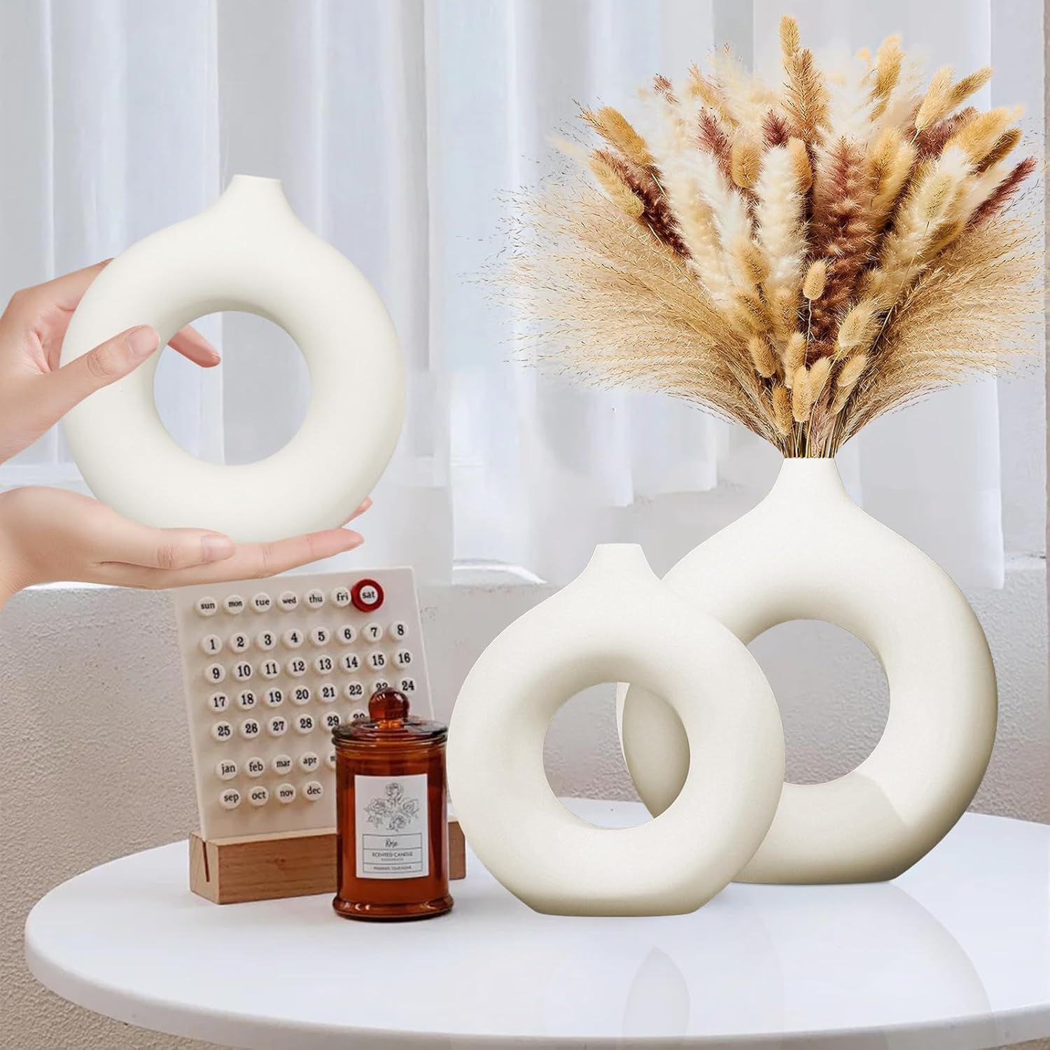 Matte White Donut Vase Set of 2 Modern Minimalist Decor