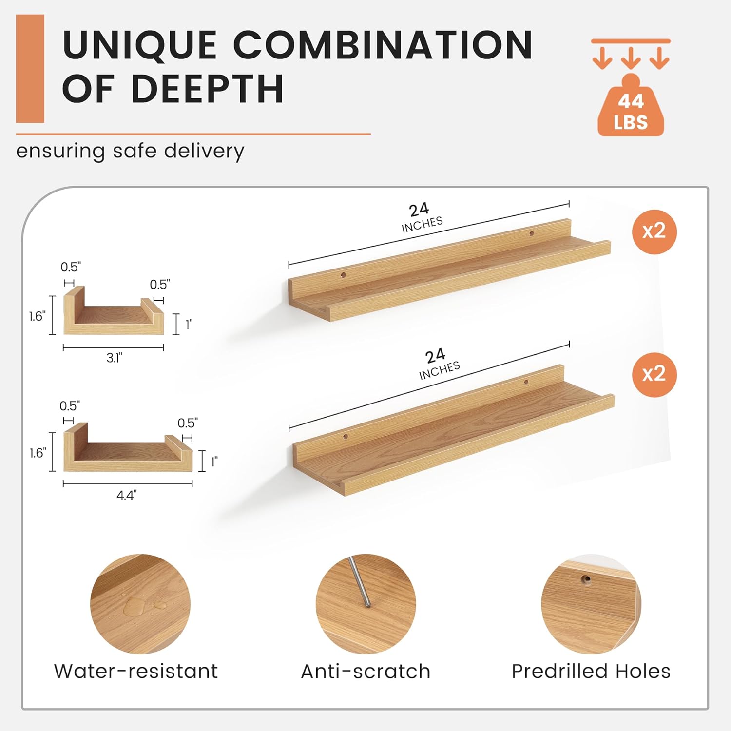 4 Piece Floating Picture Ledge Shelves for Wall Display