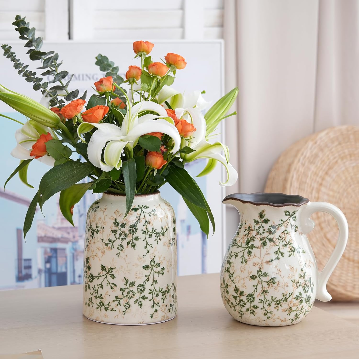 79 Inch Green and White Chinoiserie Vase with Handle