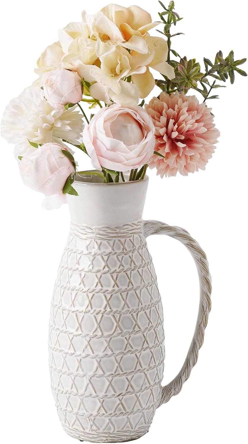 VICTOR TERESA Small White Ceramic Pitcher Vase for Home Decor