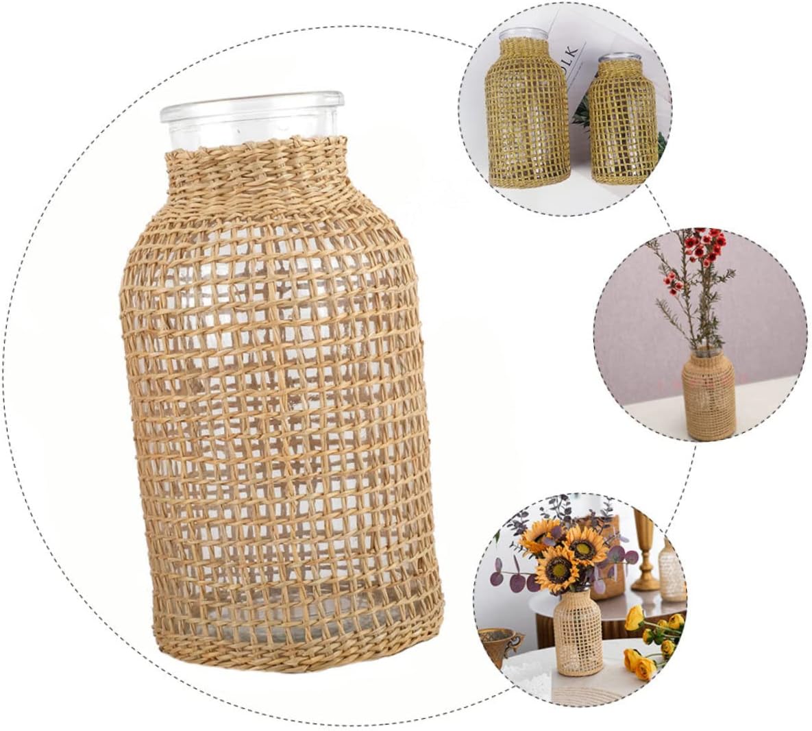 1Pc Decorative Straw Woven Glass Vase for Dried Flowers and Plants Light Brown Desktop Adornment Home Decor
