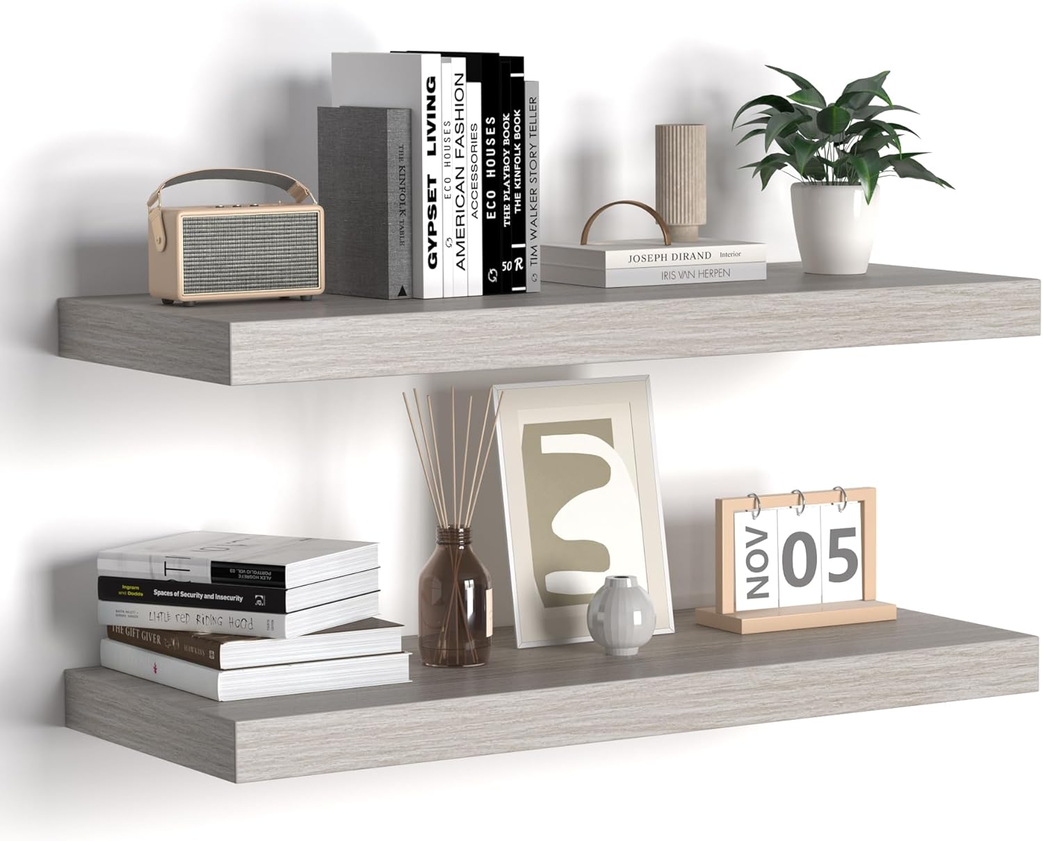 Floating Shelves - 24 Inch Rustic Grey Wooden Wall Shelves - 2 Pack