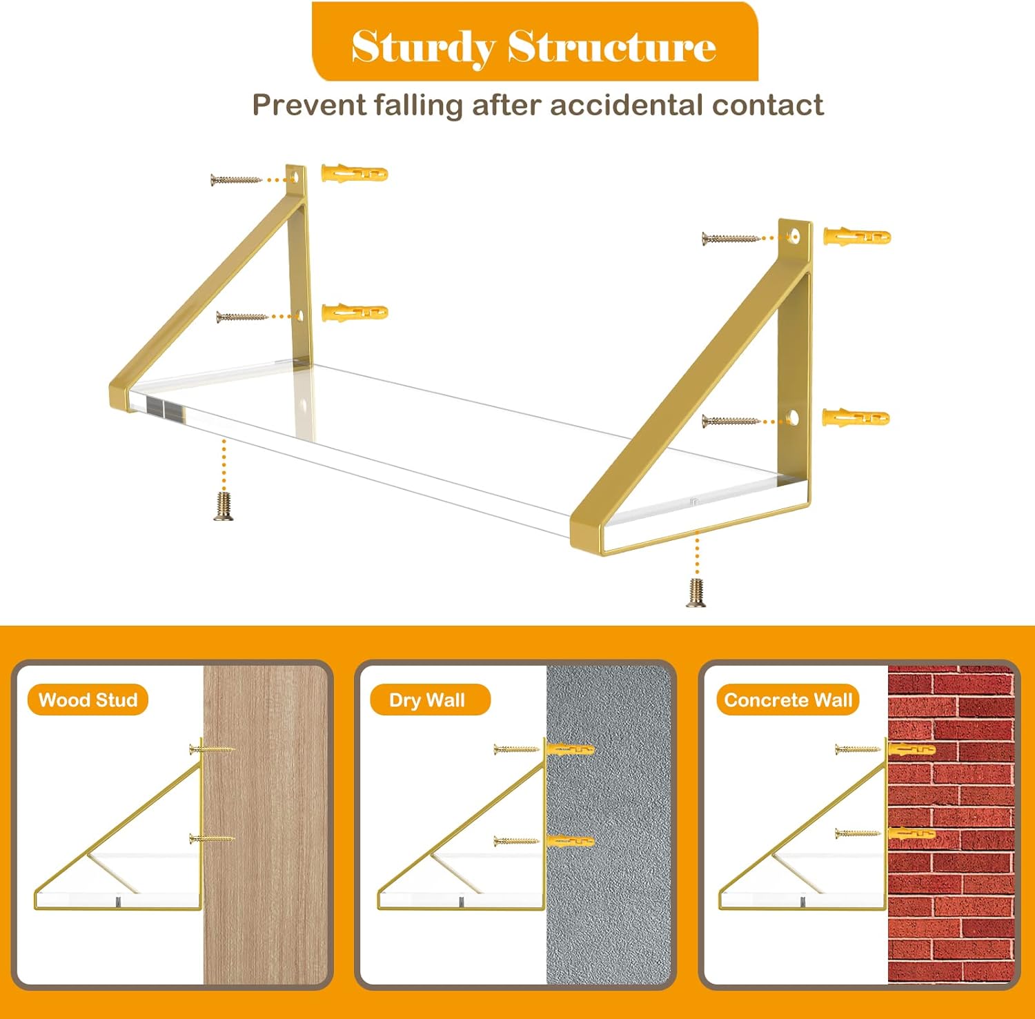 Clear Shelves Gold Floating Wall Mounted Set of 2 8mm Transparent Acrylic Invisible Display Decor