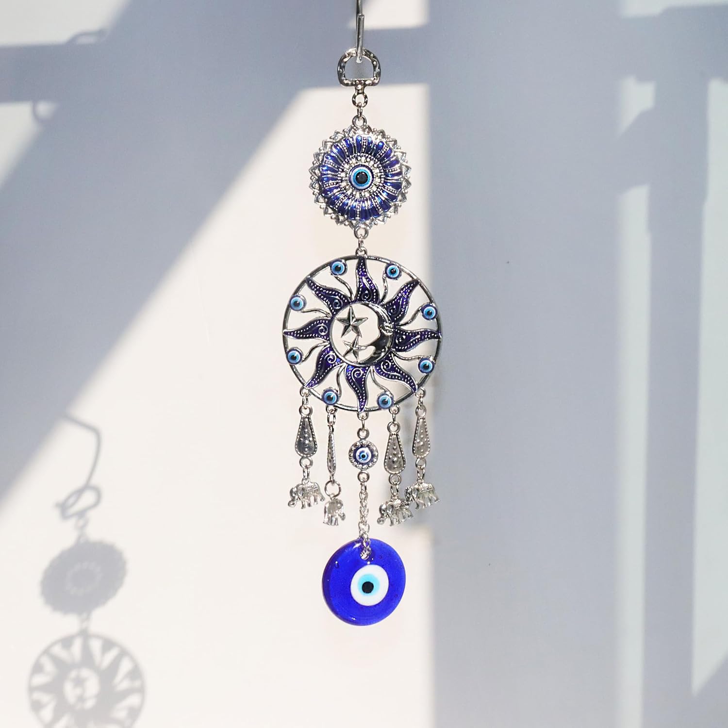 Turkish Evil Eye Wall Hanging with Blue Silver Sun Moon Stars and Elephant Charms