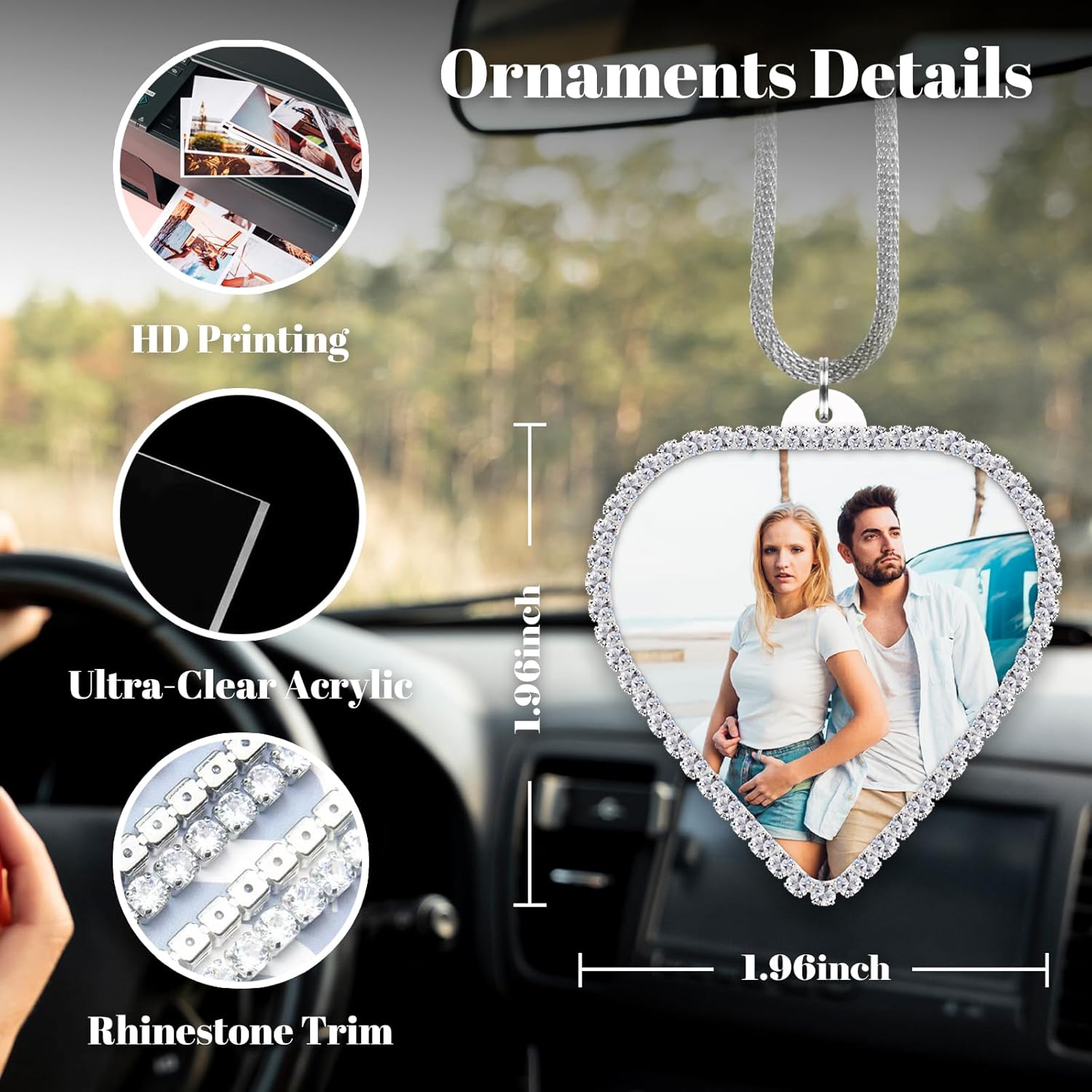Personalized Photo Car Mirror Ornament - Custom Double-Sided Acrylic Heart Shape with Rhinestone Trim - White