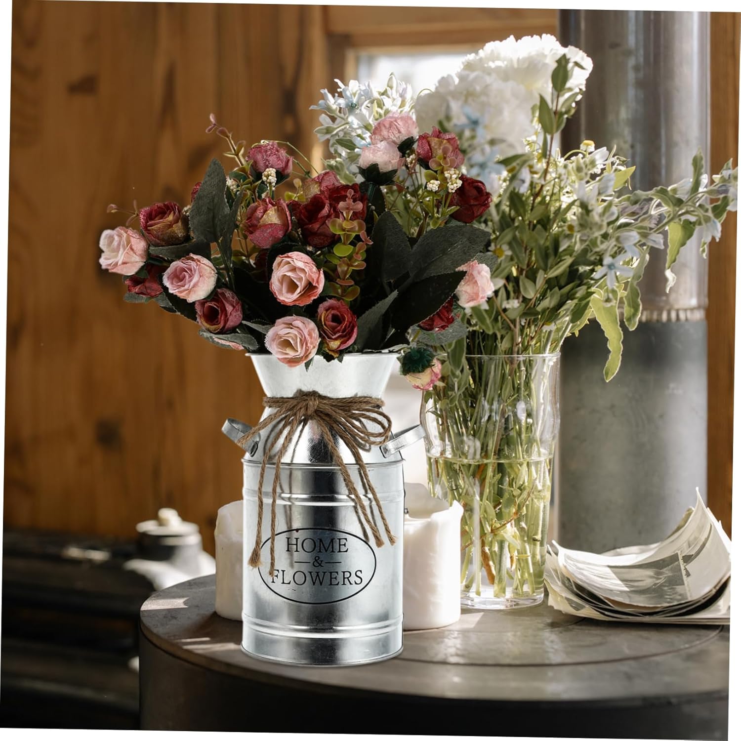 STOBAZA Vintage Iron Bucket Flower Vase Decor