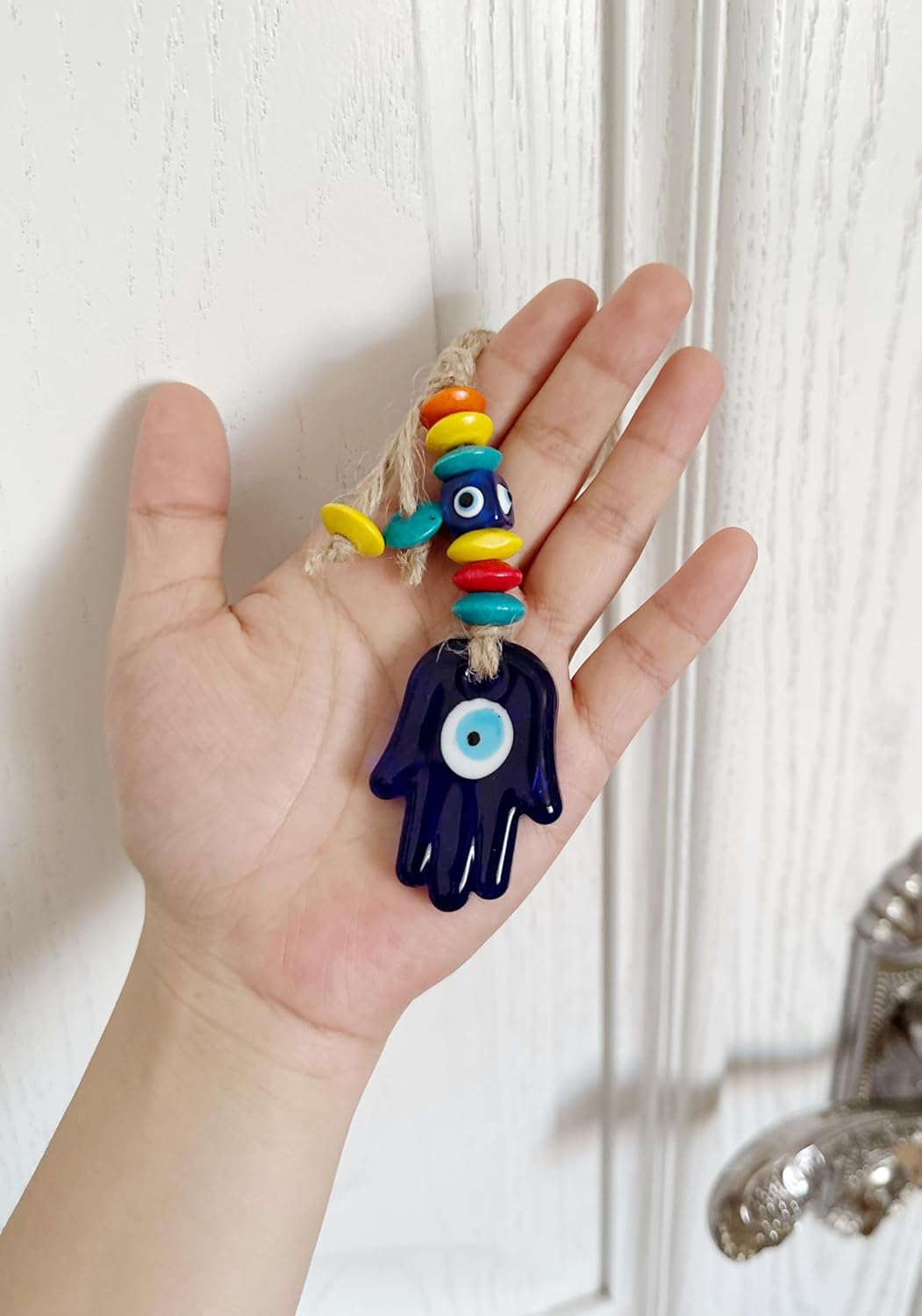 Turkish Blue Hamsa Glass Charm with Metal Frame