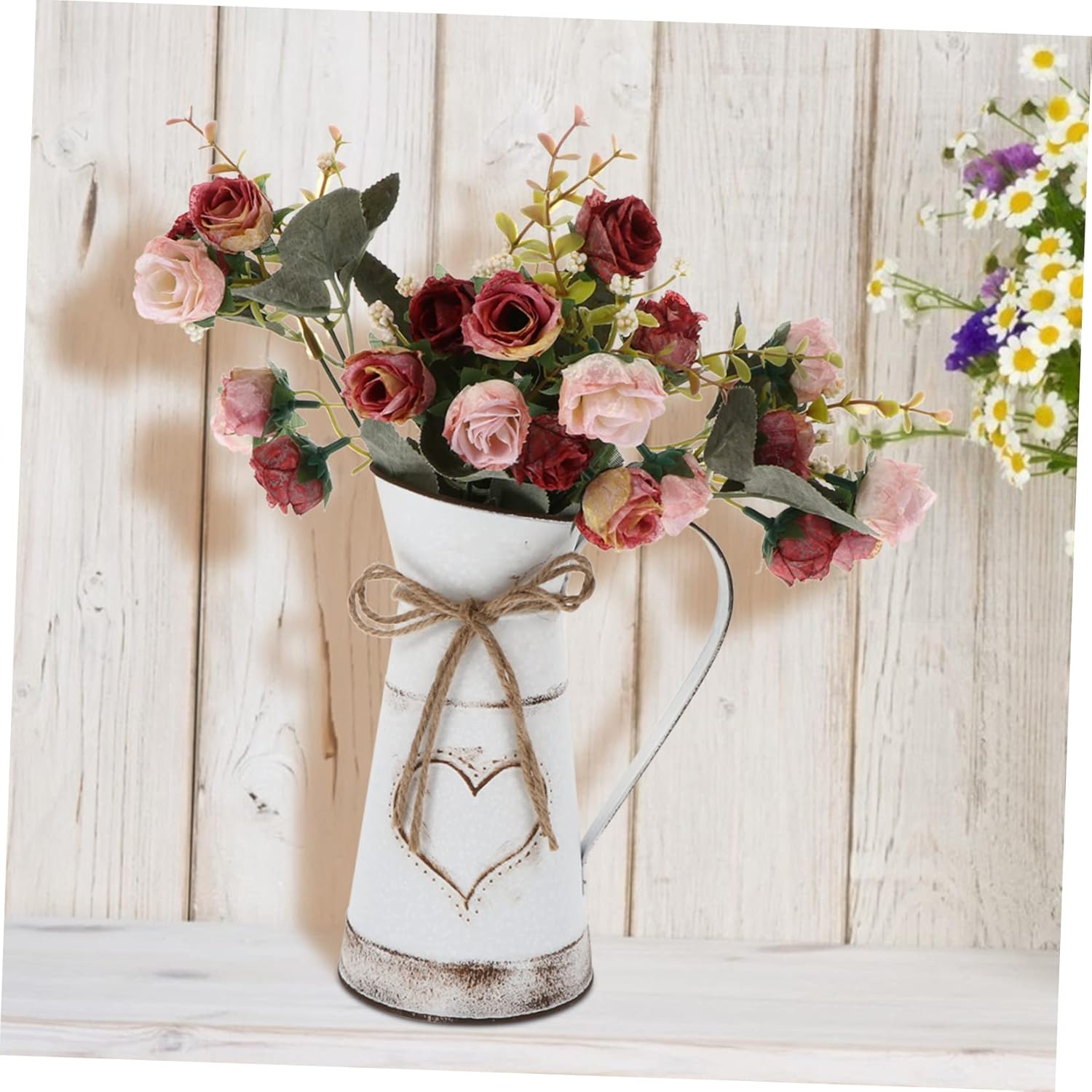 IMIKEYA Vintage French Country Style Pitcher Metal Flower Vase White 11 Inch