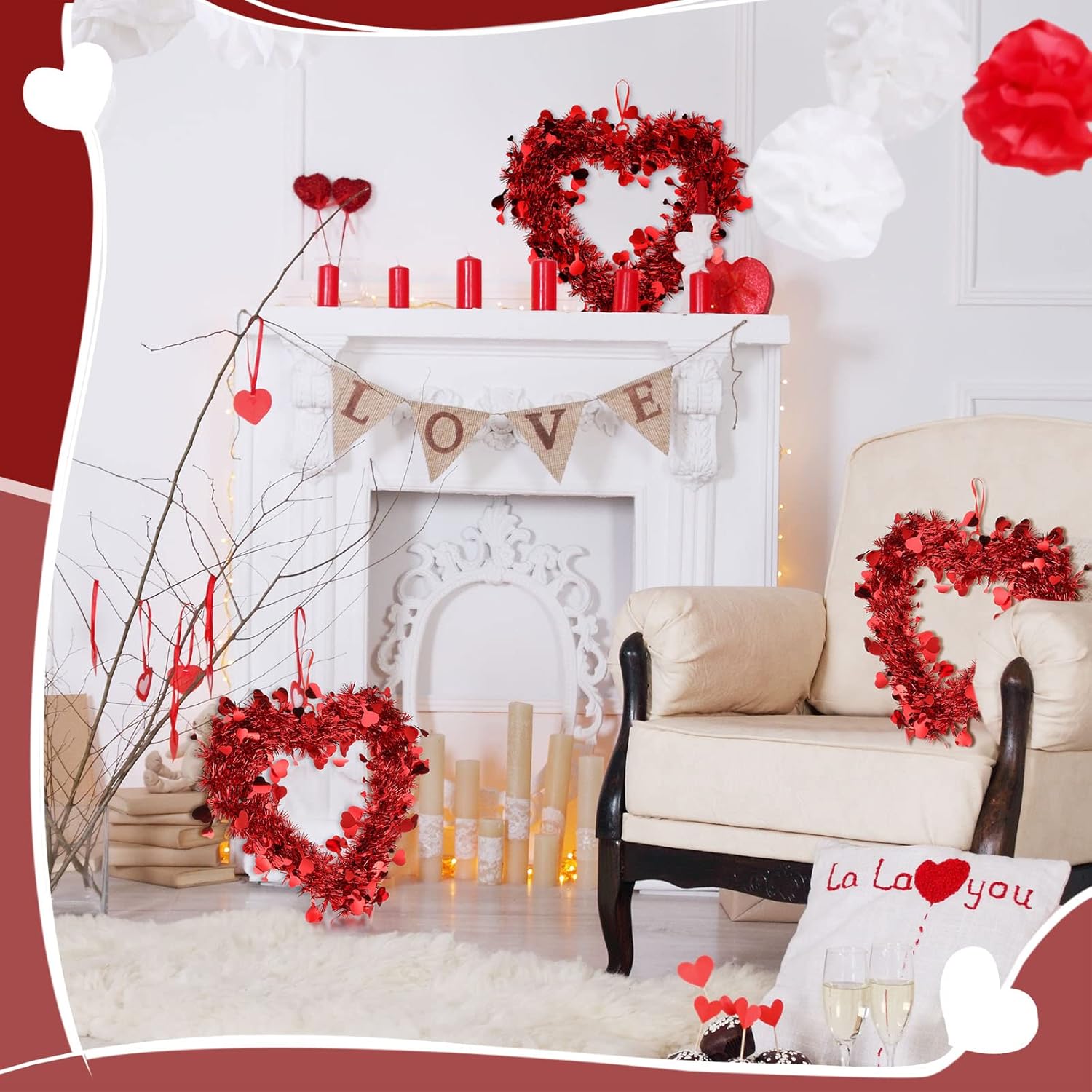 Chuangdi 3 Piece Valentine Heart Wreaths Red Tinsel Decor