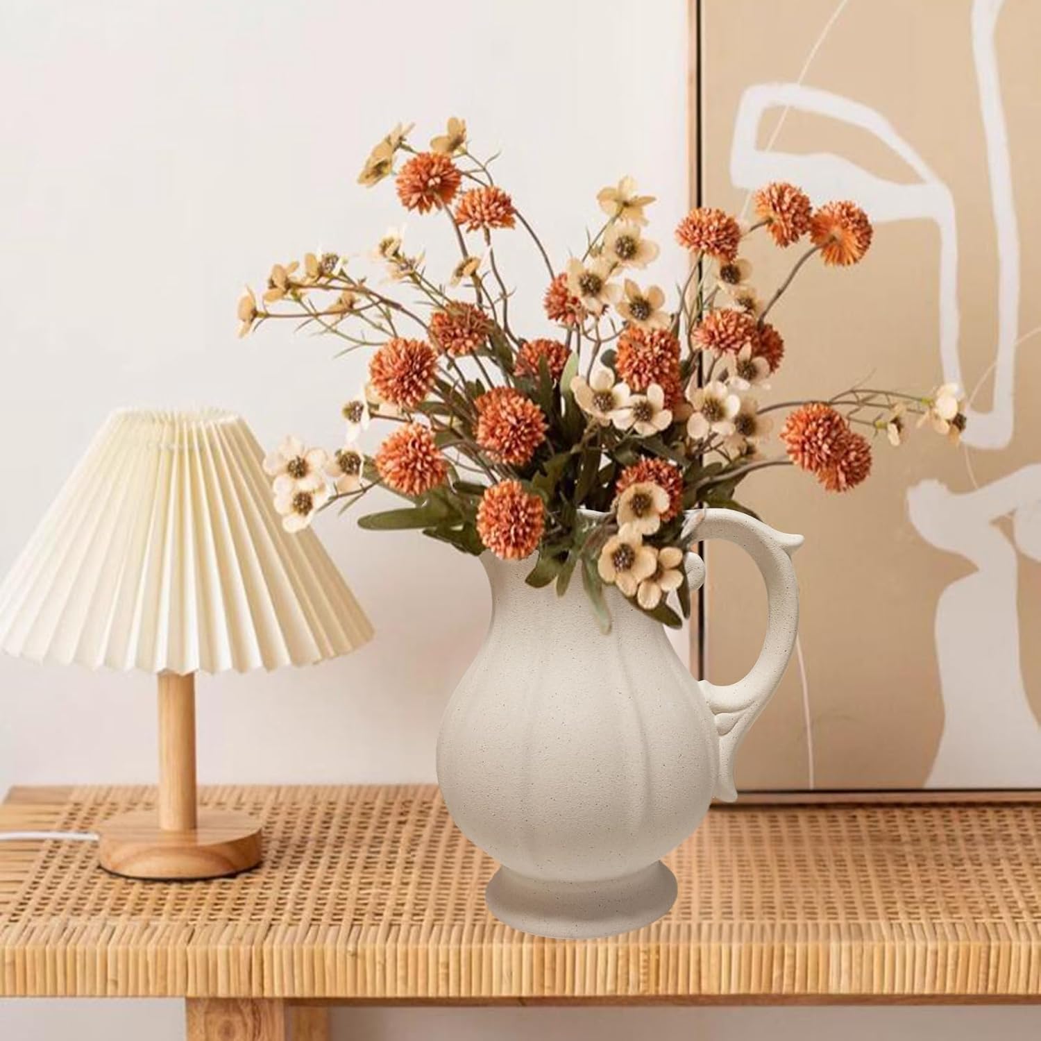 Large Rustic Ceramic Vase with Handle for Home Decor