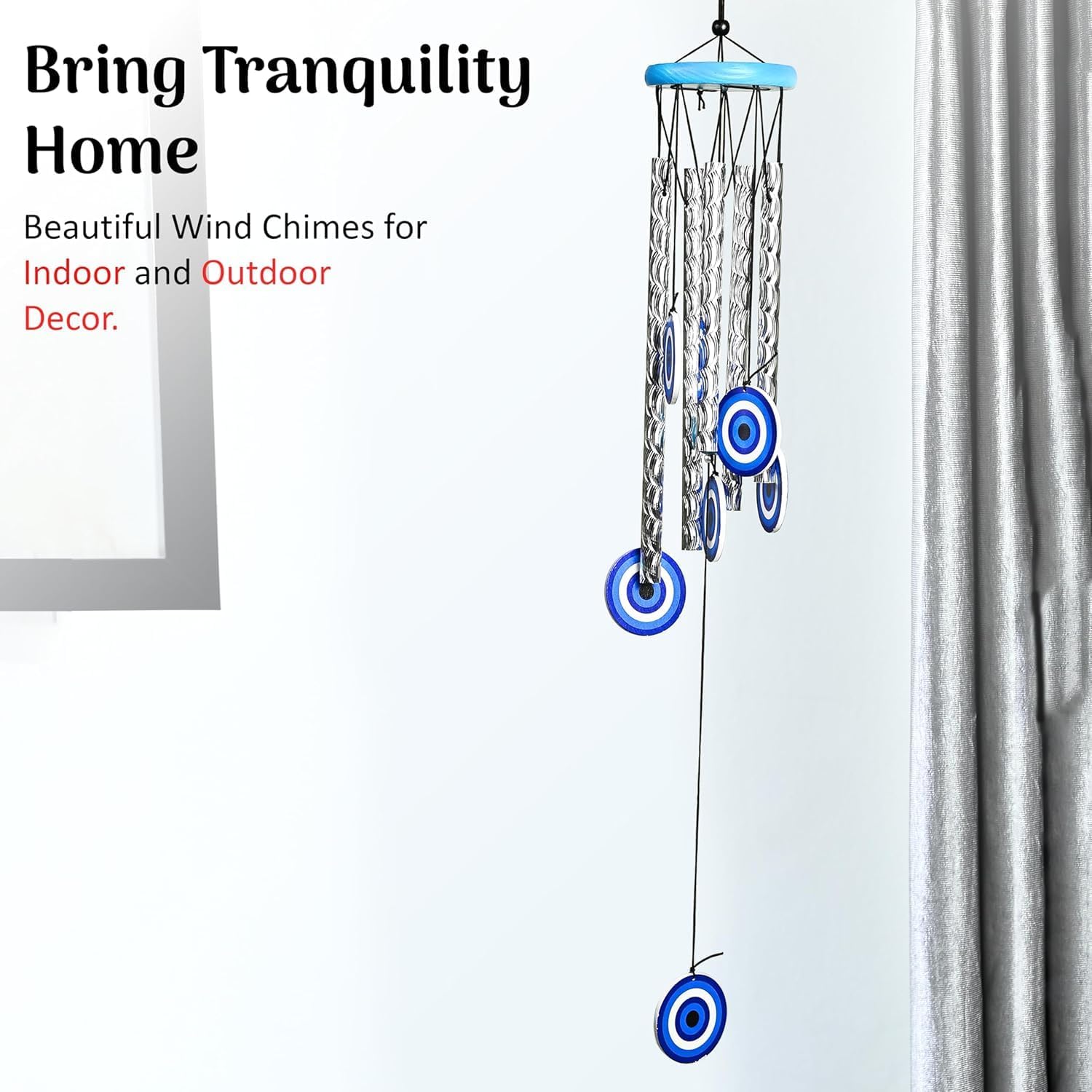 BEZAVO 27-Inch Evil Eye Wind Chime with 5 Silver Pipes