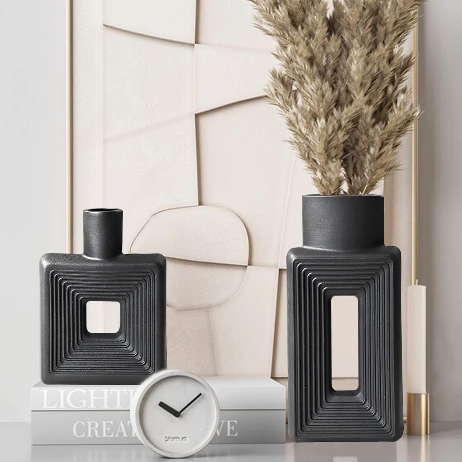 Black Ceramic Vase Set of 2 Modern Geometric Design