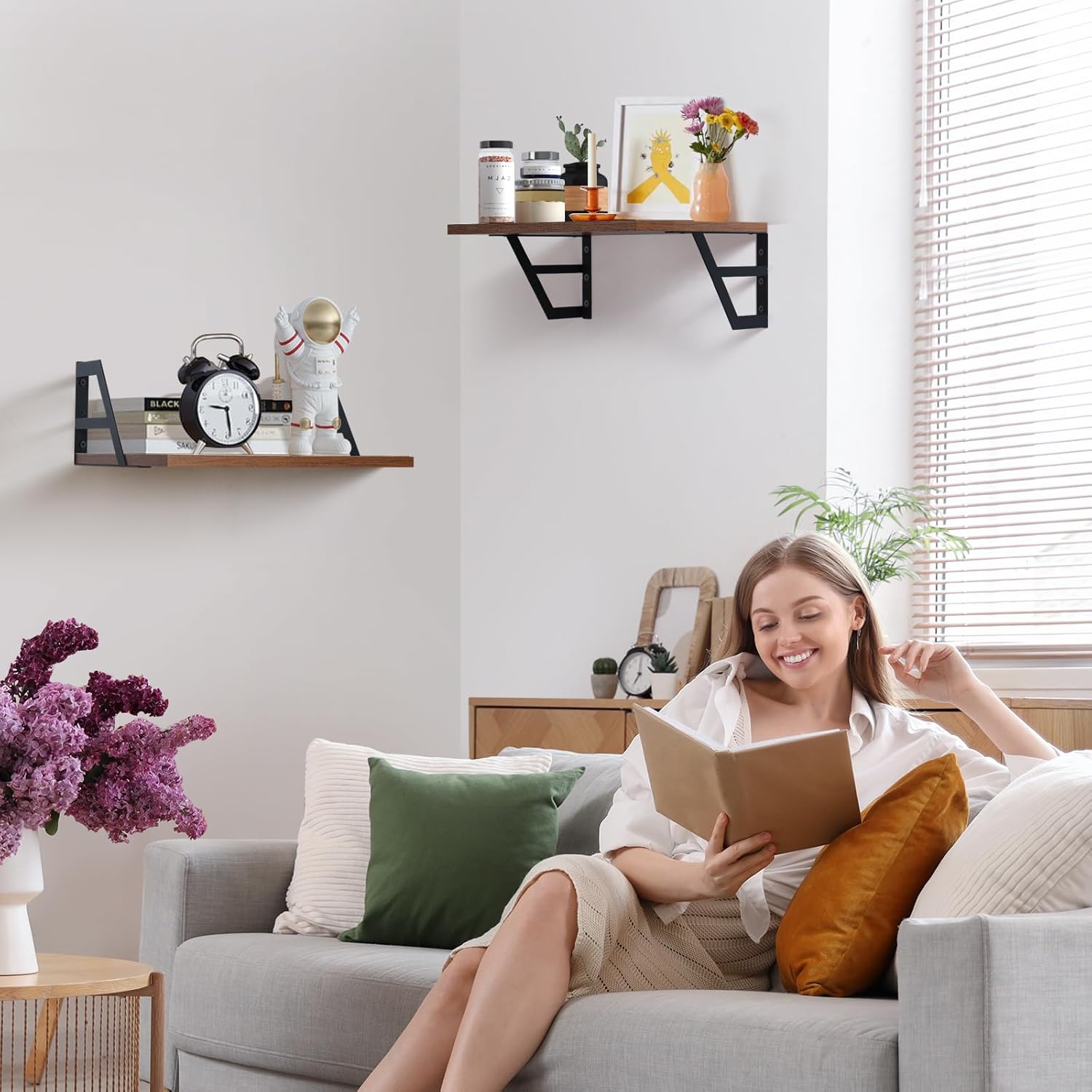 Set of 2 Deep Floating Shelves with Metal Brackets