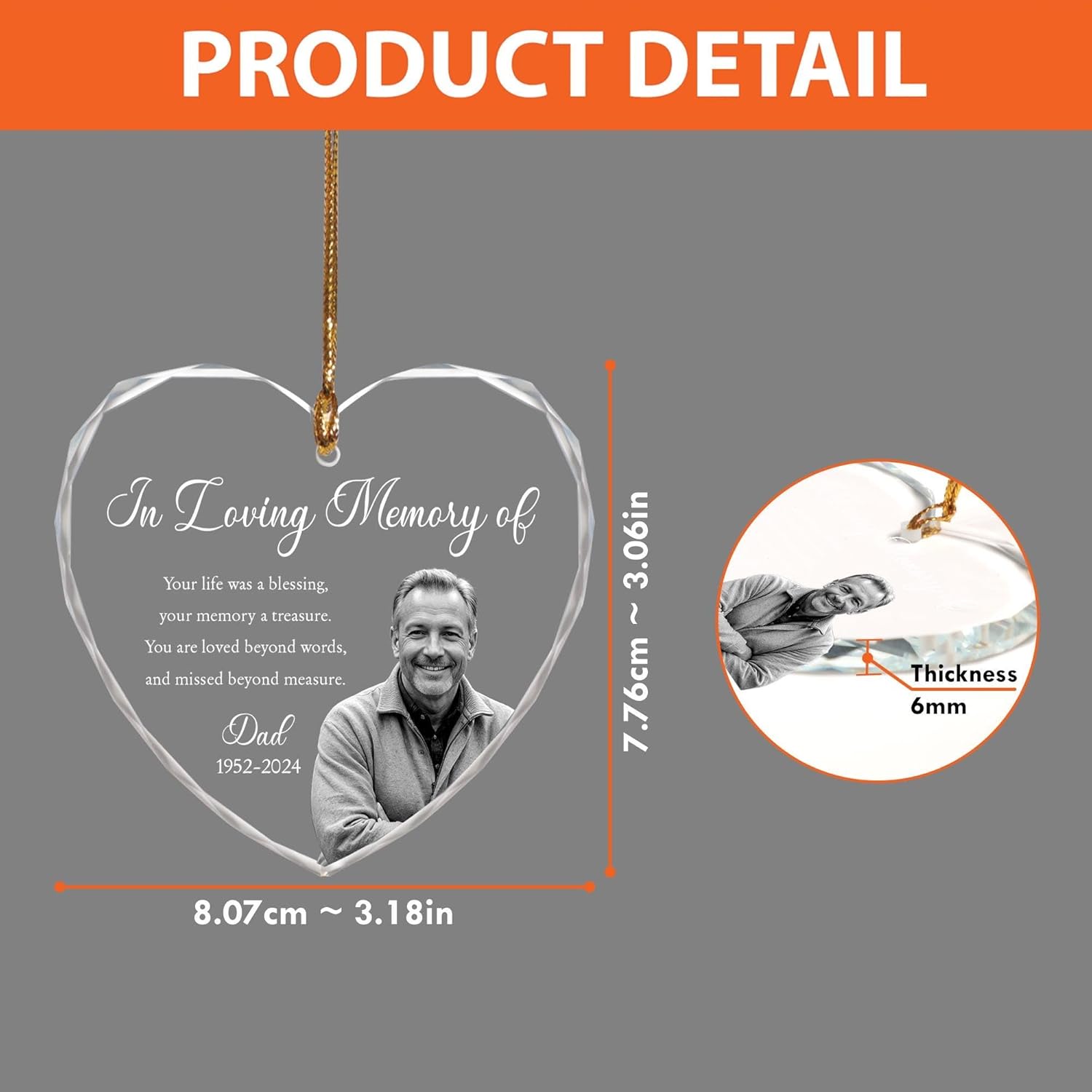 Custom Photo Memorial Heart Glass Ornament