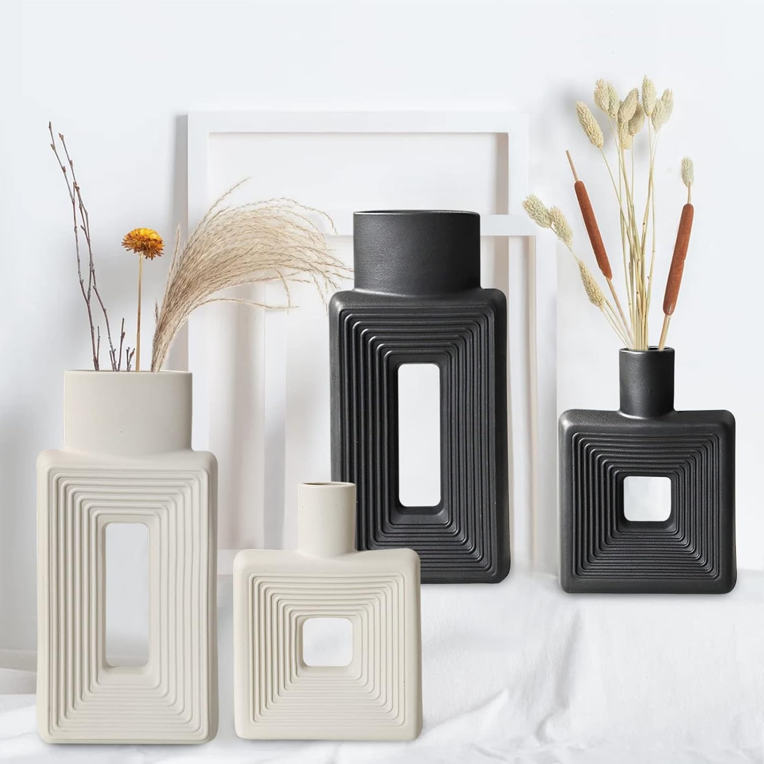 Black Ceramic Vase Set of 2 Modern Geometric Design