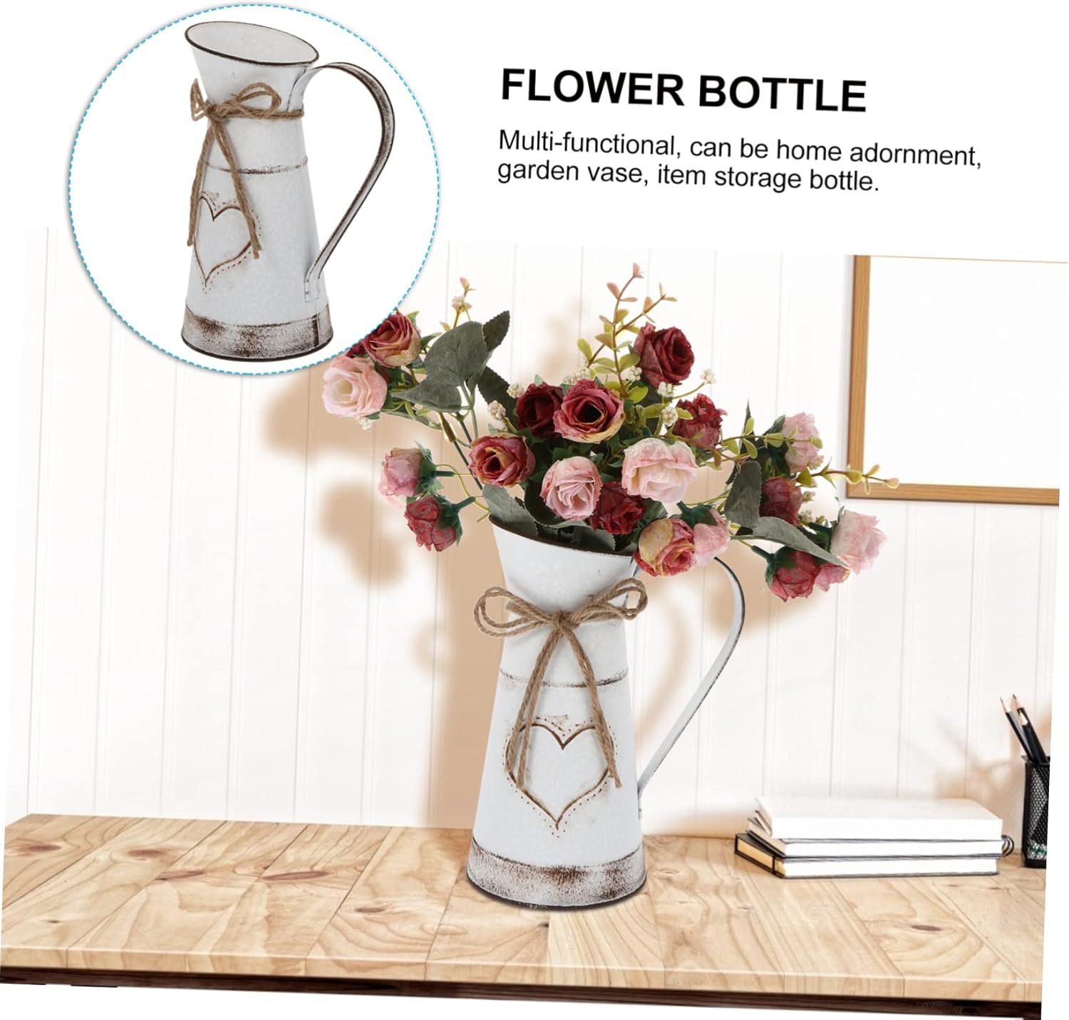 IMIKEYA Vintage French Country Style Pitcher Metal Flower Vase White 11 Inch