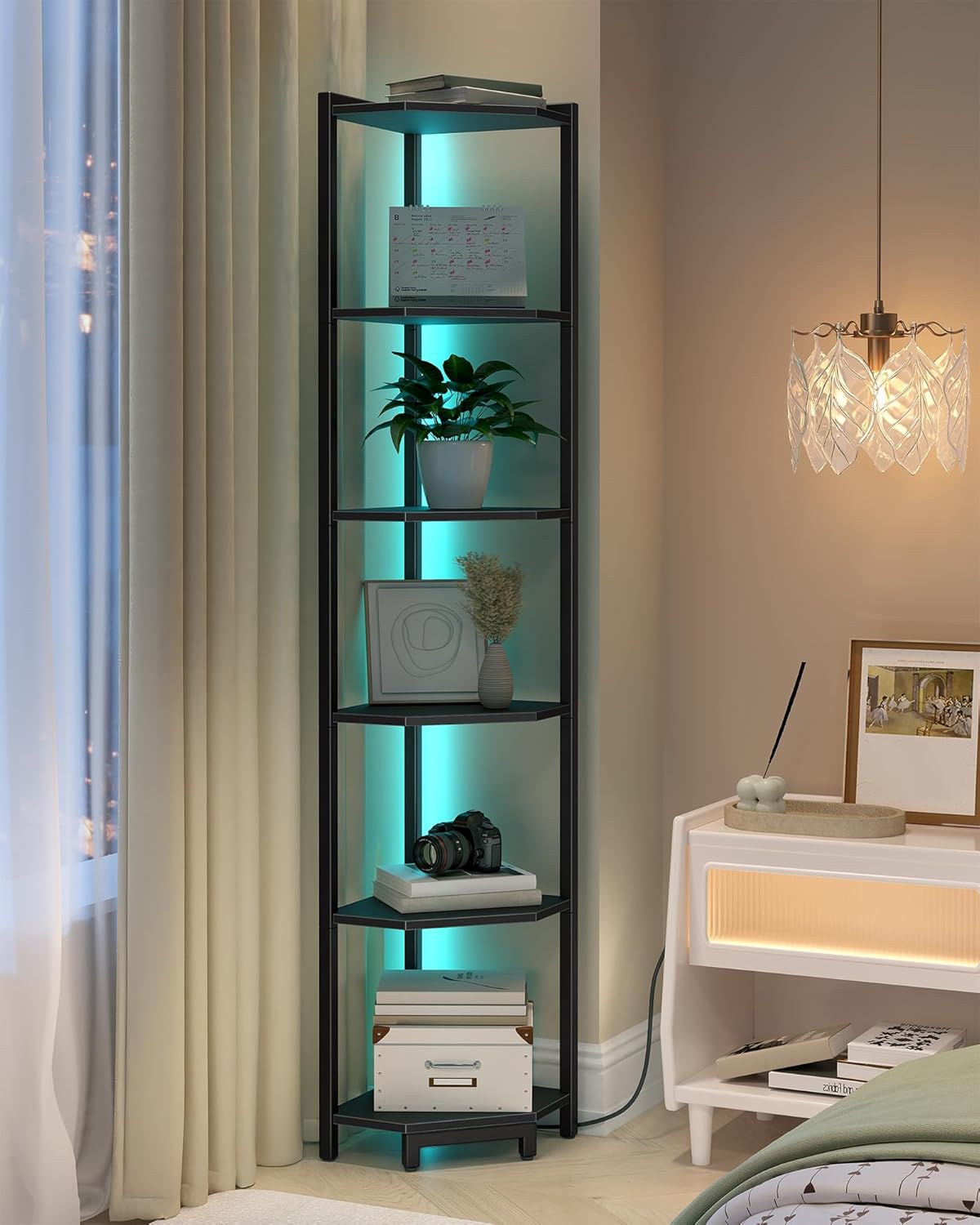 6-Tier Corner Bookshelf with LED Light Black CS66606B