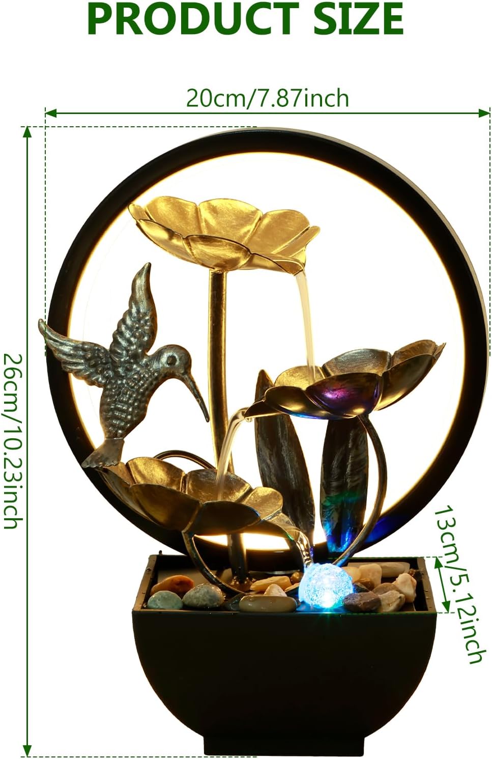 Tabletop Water Fountain with LED Ring Light and Humidifier for Home Office Bedroom