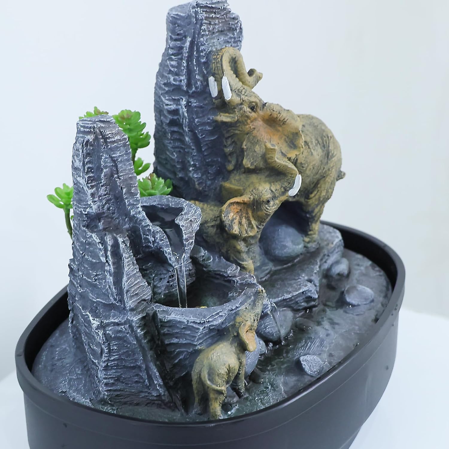 108 Inch H Elephant Tabletop Fountain with LED Lights and Cascading Rocks
