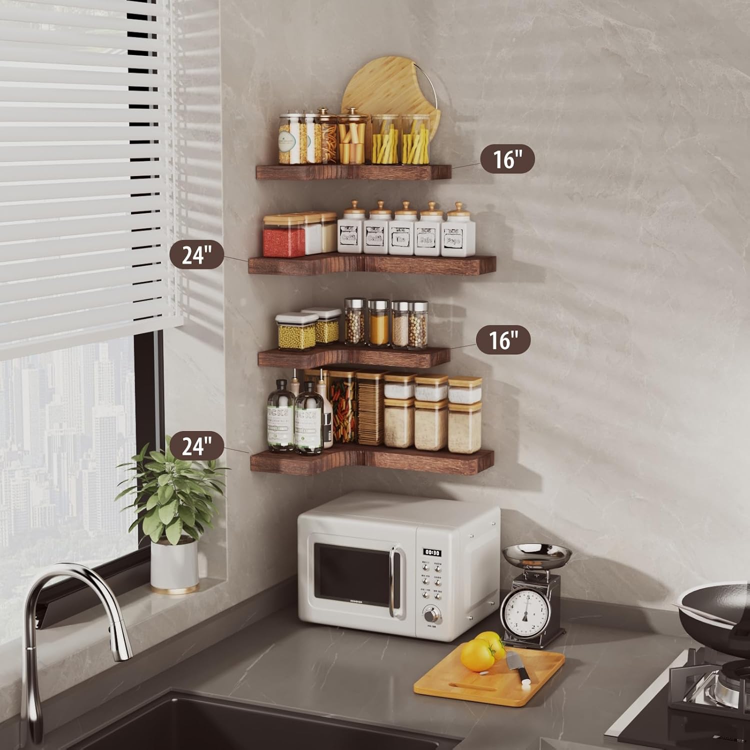 SAUMONIERES Corner Floating Shelves Set of 3 Rustic Brown Invisible Brackets