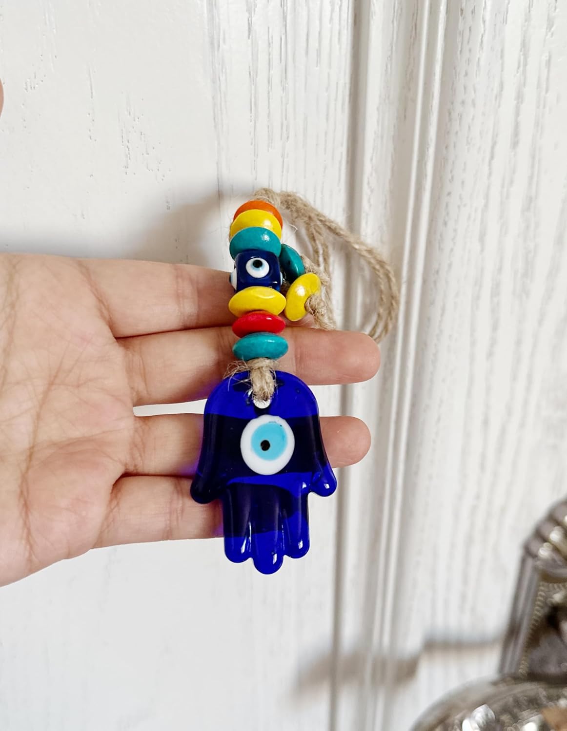 Turkish Blue Hamsa Glass Charm with Metal Frame