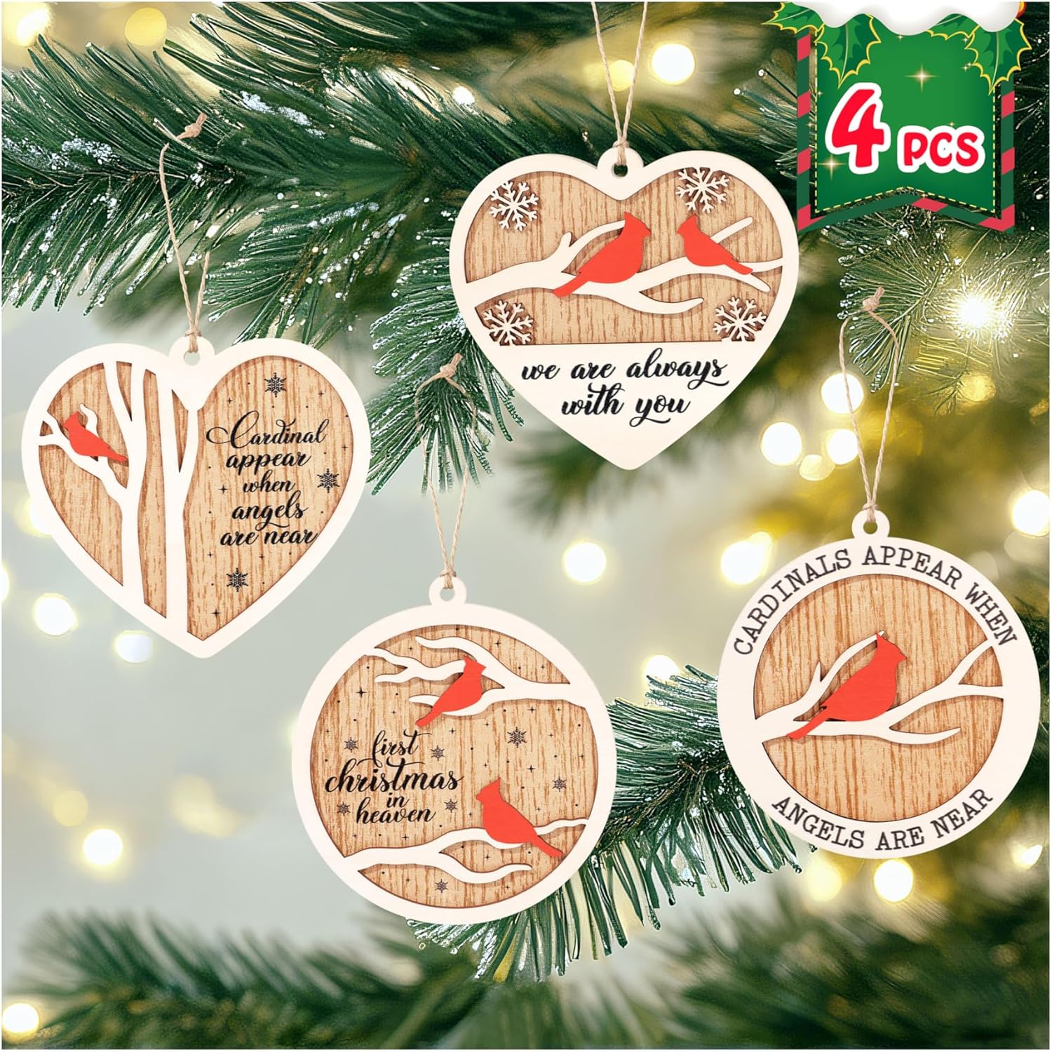 Memorial Christmas Ornaments Red Cardinal Bird Wooden Hanging Decorations