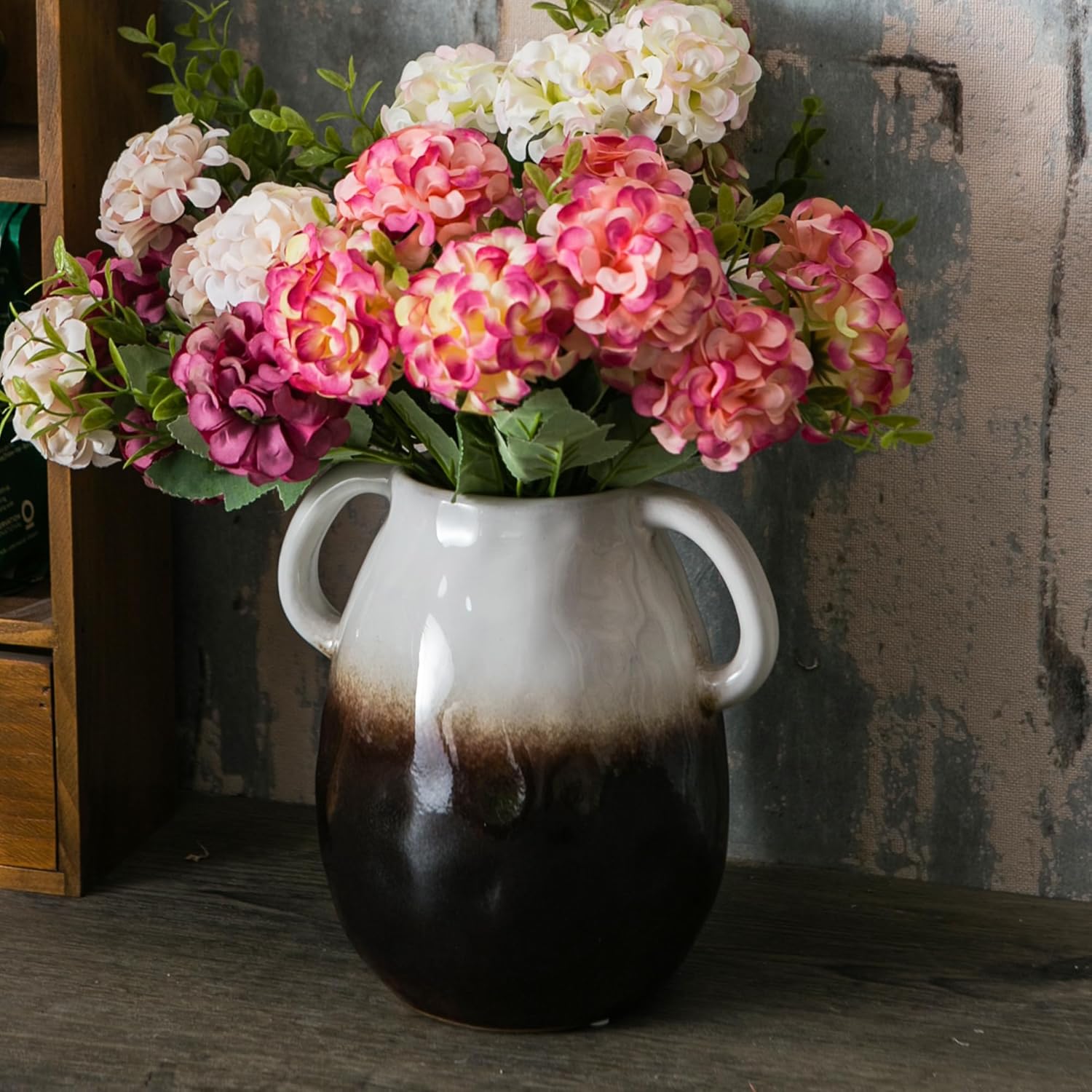 JOJUNO White to Brown Gradient Ceramic Vase with Handles