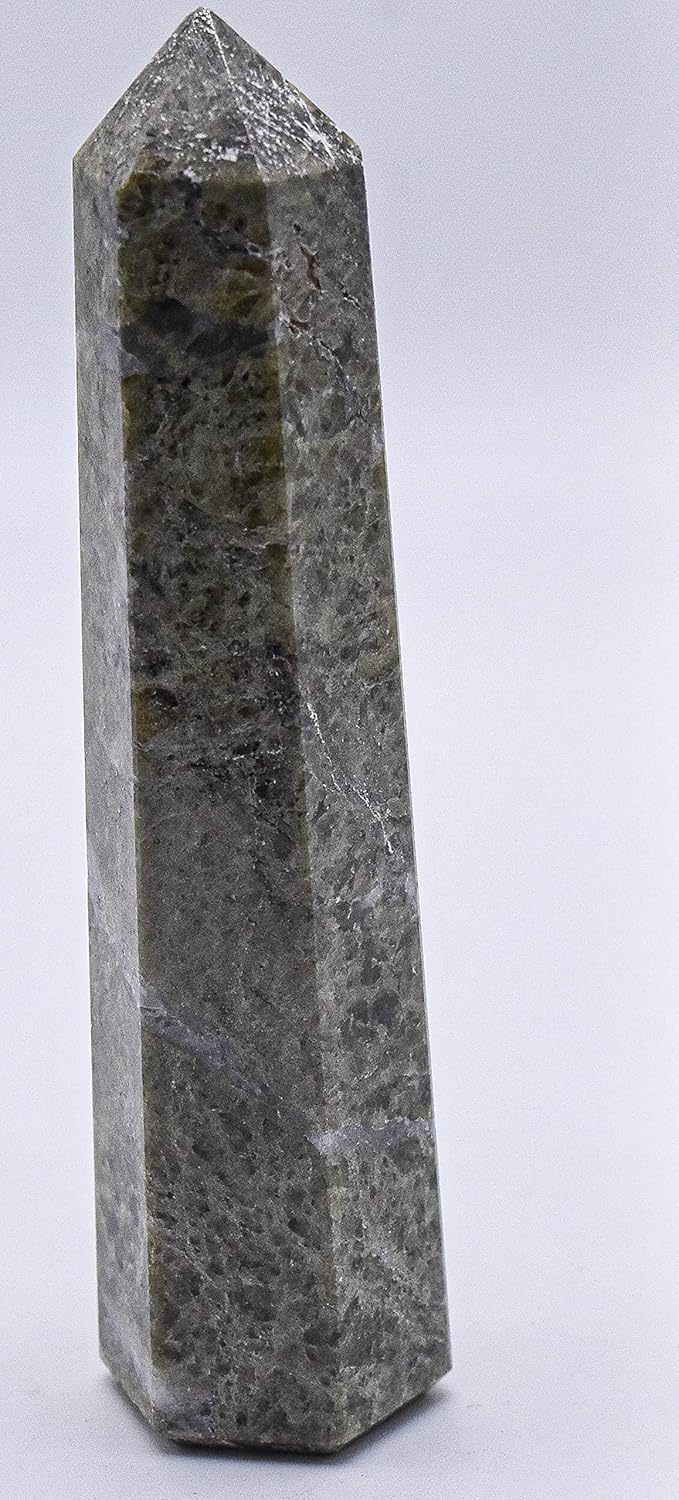 34 Inch Green Vesuvianite Obelisk with White Calcite Inclusions Natural Crystal Mineral Specimen Tower