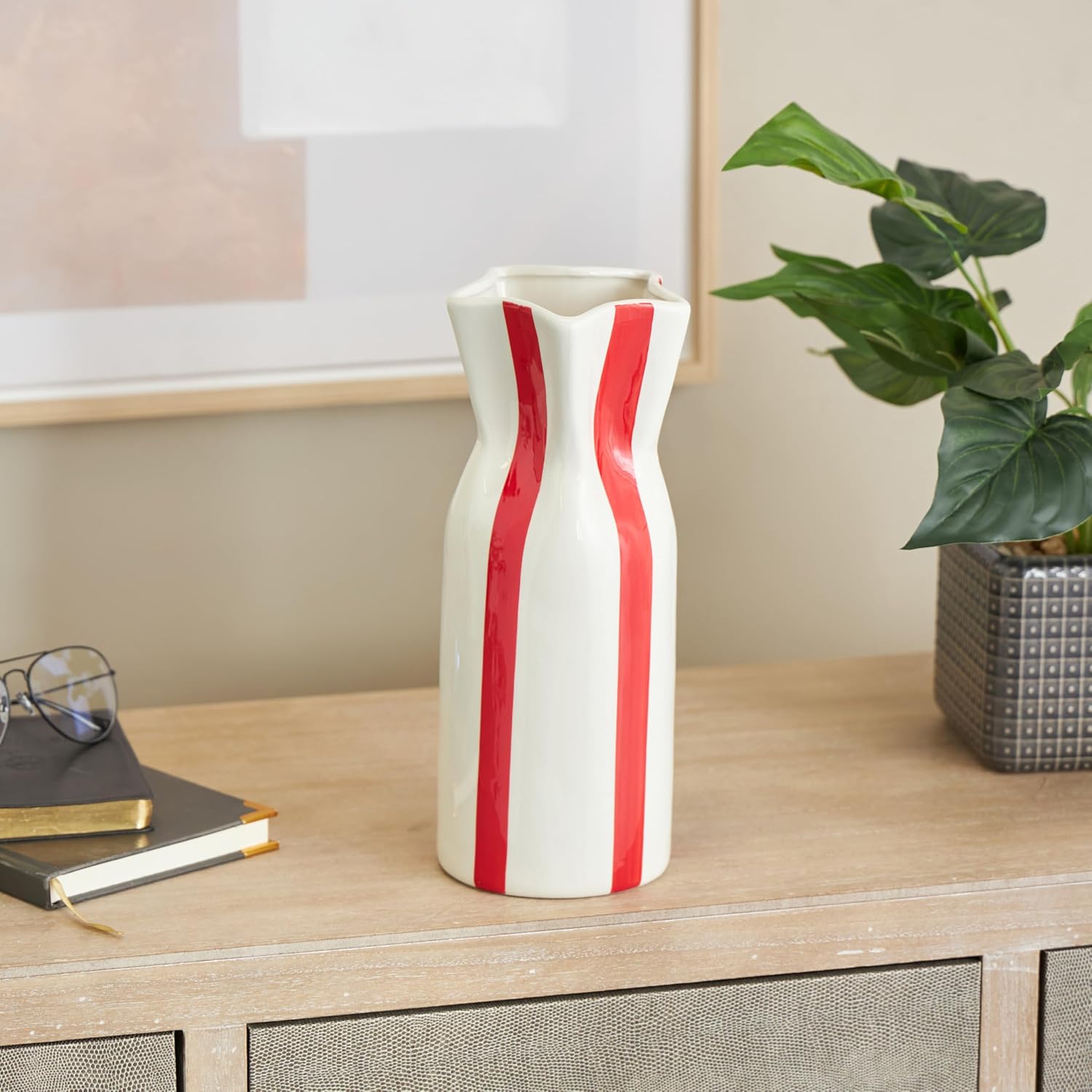 Deco 79 Round Ceramic Vase with Red Stripes