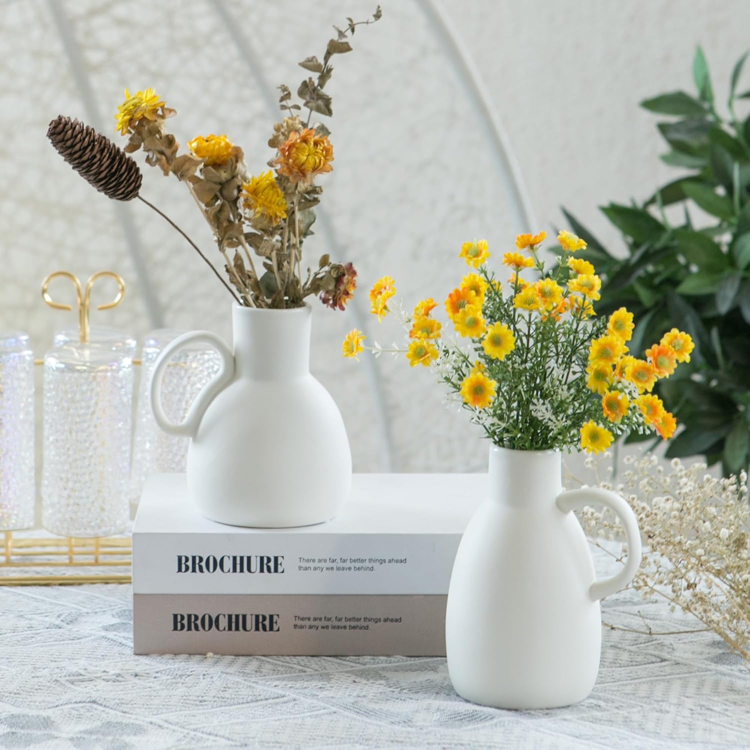 Tanvecle White Ceramic Vase Set 2 Small Vases with Handles