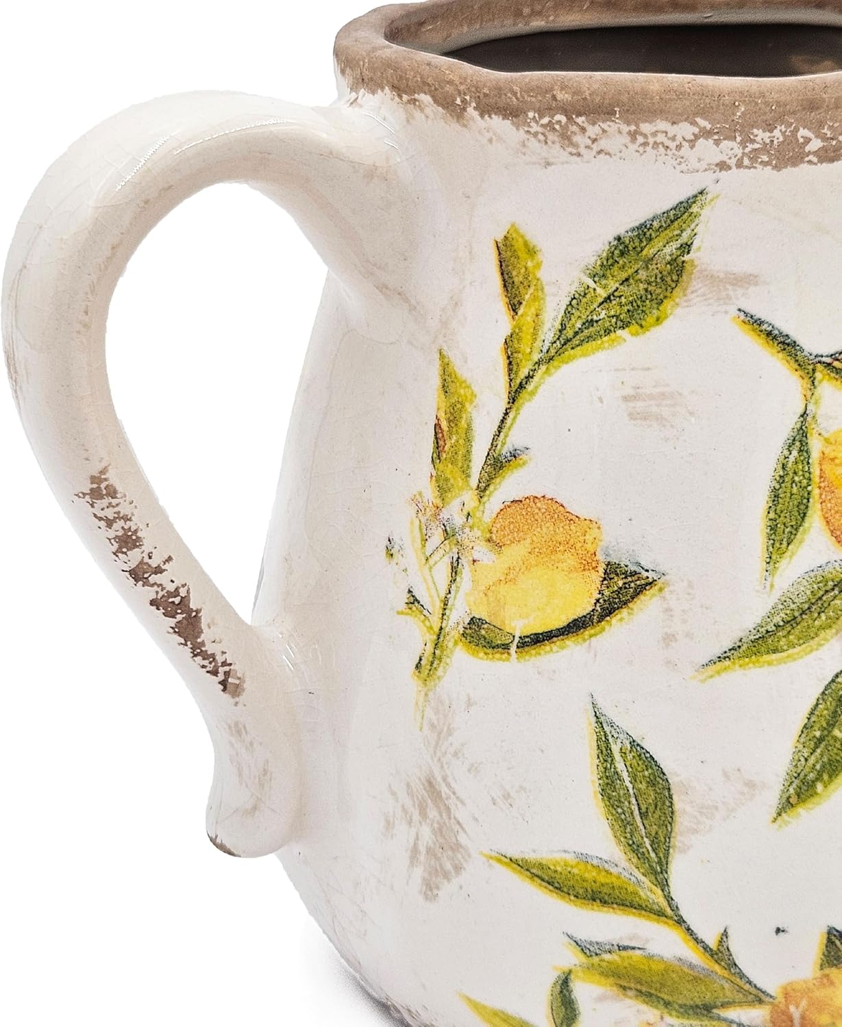 Round Ceramic Pitcher Vase with Lemon Motif Farmhouse Accent