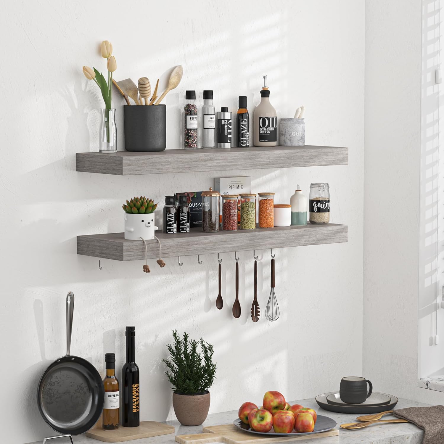 Floating Shelves - 24 Inch Rustic Grey Wooden Wall Shelves - 2 Pack