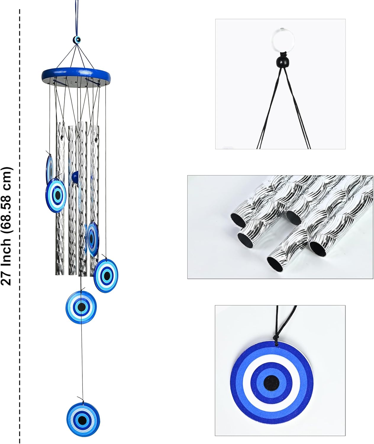 BEZAVO 27-Inch Evil Eye Wind Chime with 4 Silver Pipes