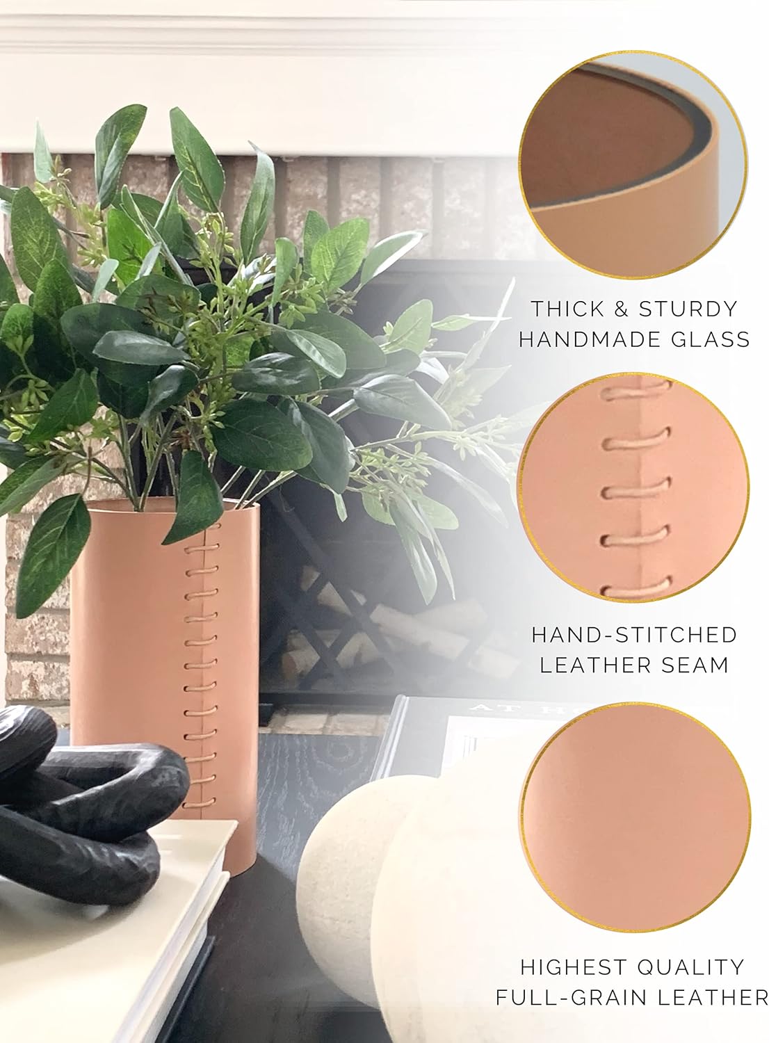 Wrapped Genuine Leather Vase - Boho Style 8 Inch