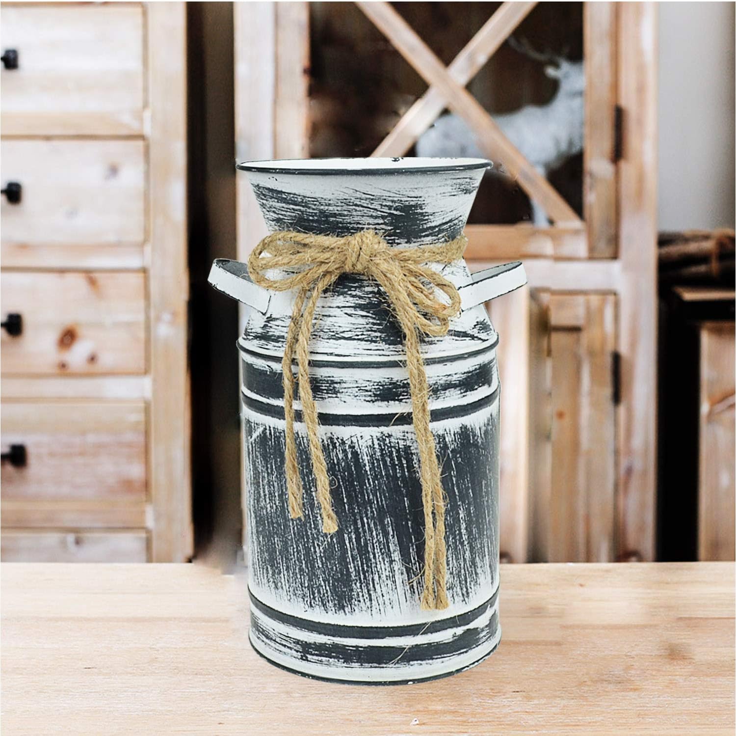 Black Metal Galvanized Flower Vase with Rope for Rustic Decor