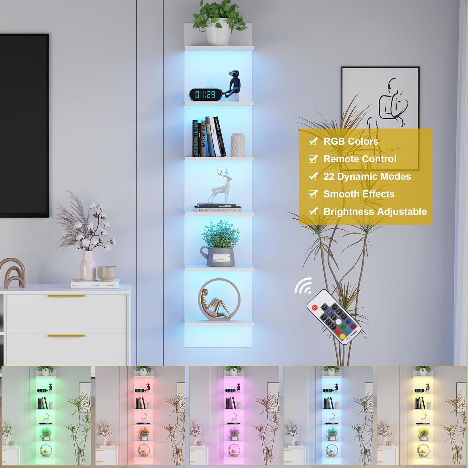 6 Tier Wall Shelf with LED Light White