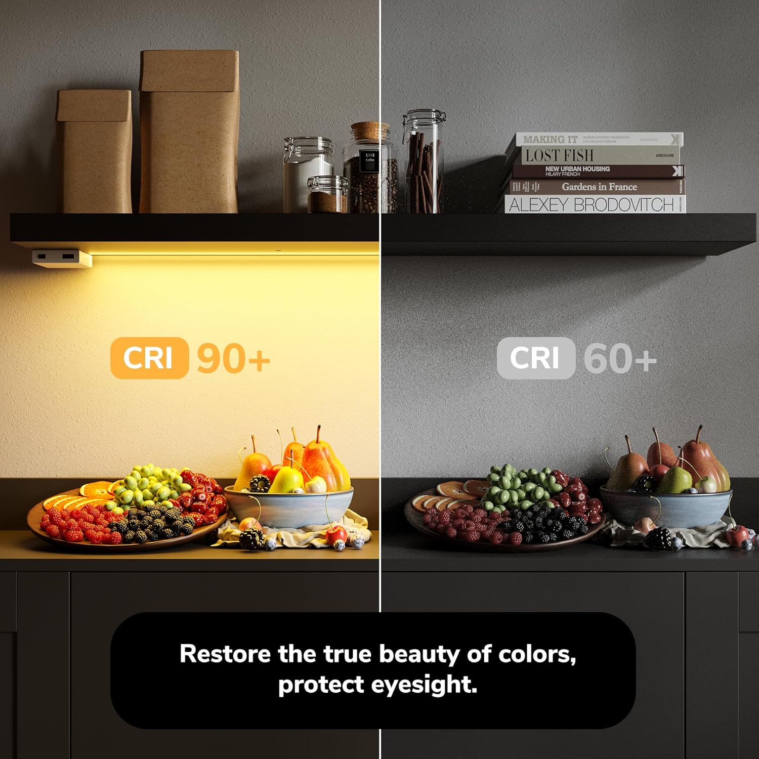 BAMEOS Black Floating Shelves with LED 31 Set of 2
