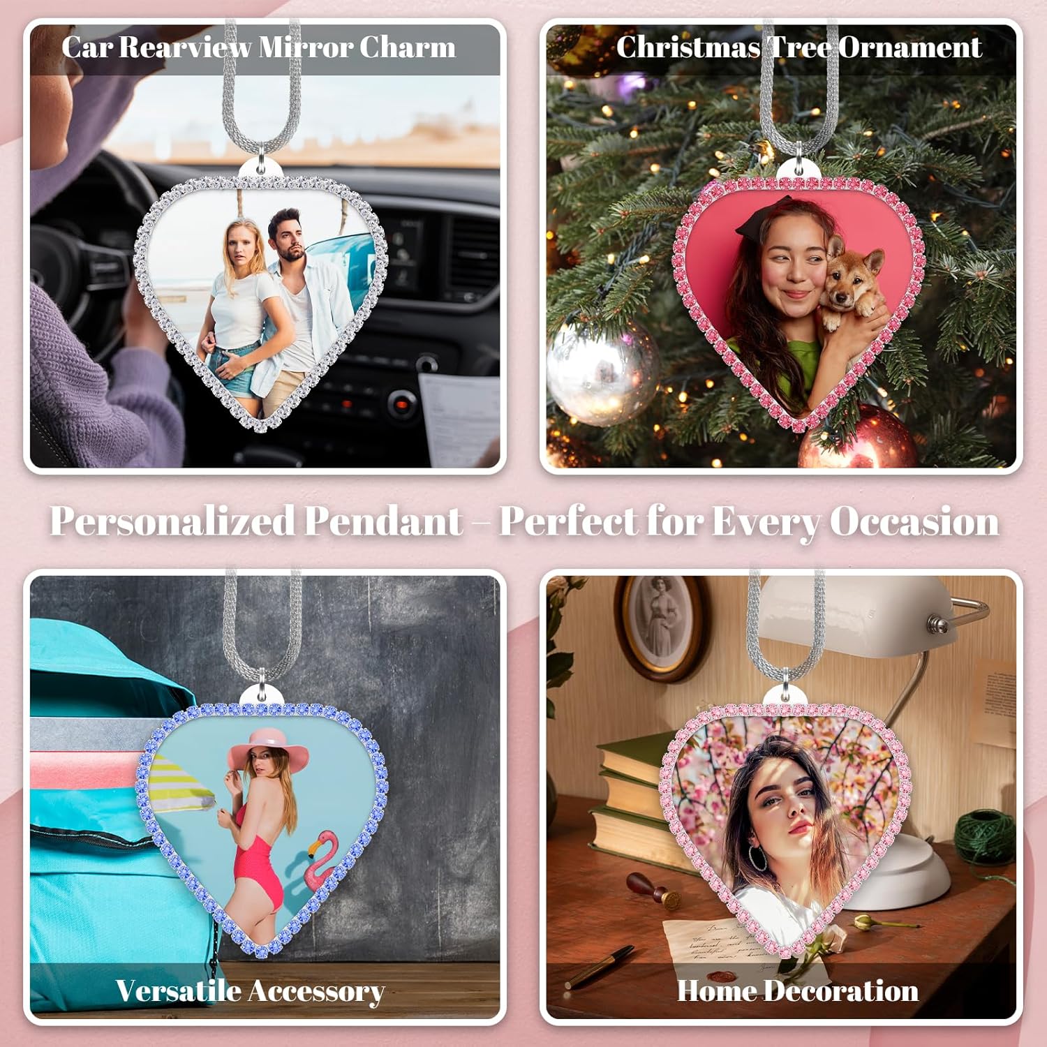 Personalized Photo Car Mirror Ornament - Custom Double-Sided Acrylic Heart Shape with Rhinestone Trim - White