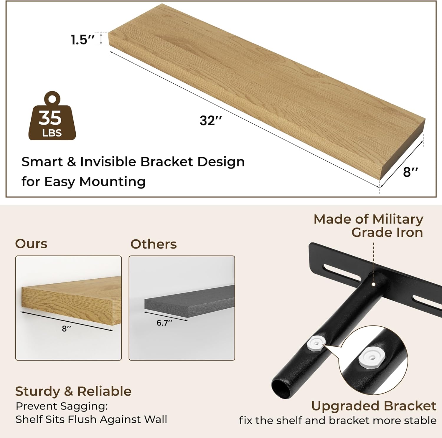 RICHFOCUS 315 Inch Floating Shelves 2 Pack Oak Rustic Wall Mount