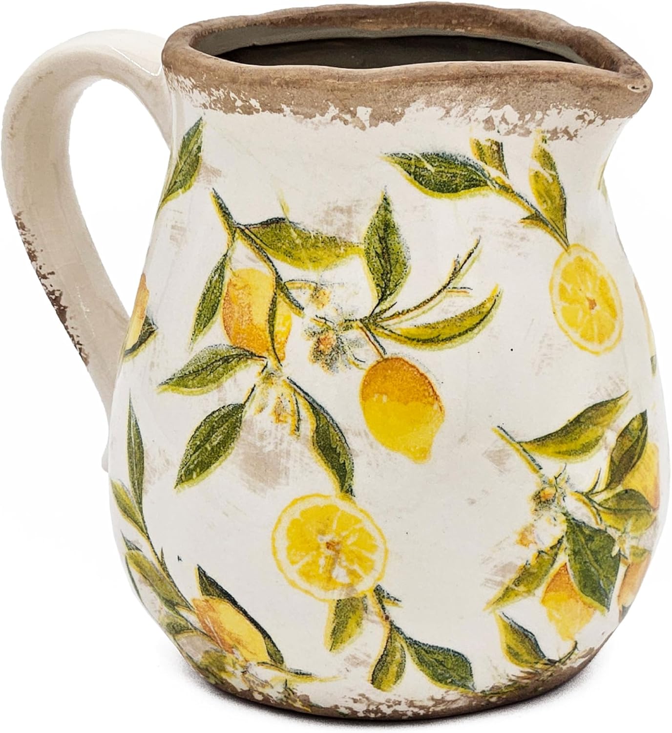 Round Ceramic Pitcher Vase with Lemon Motif Farmhouse Accent