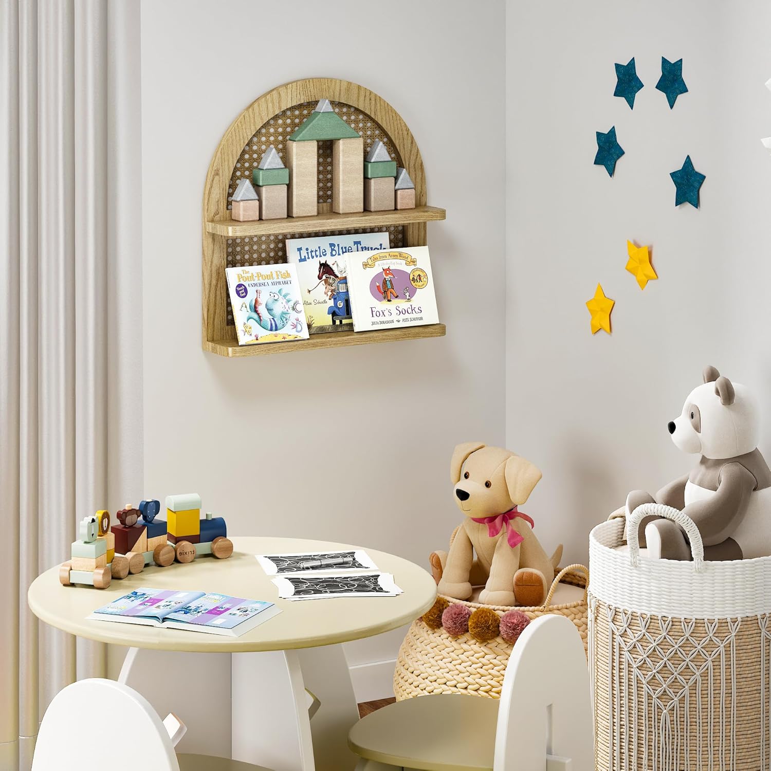 Wood Boho Rattan Wall Shelf 2 Tier Natural Color