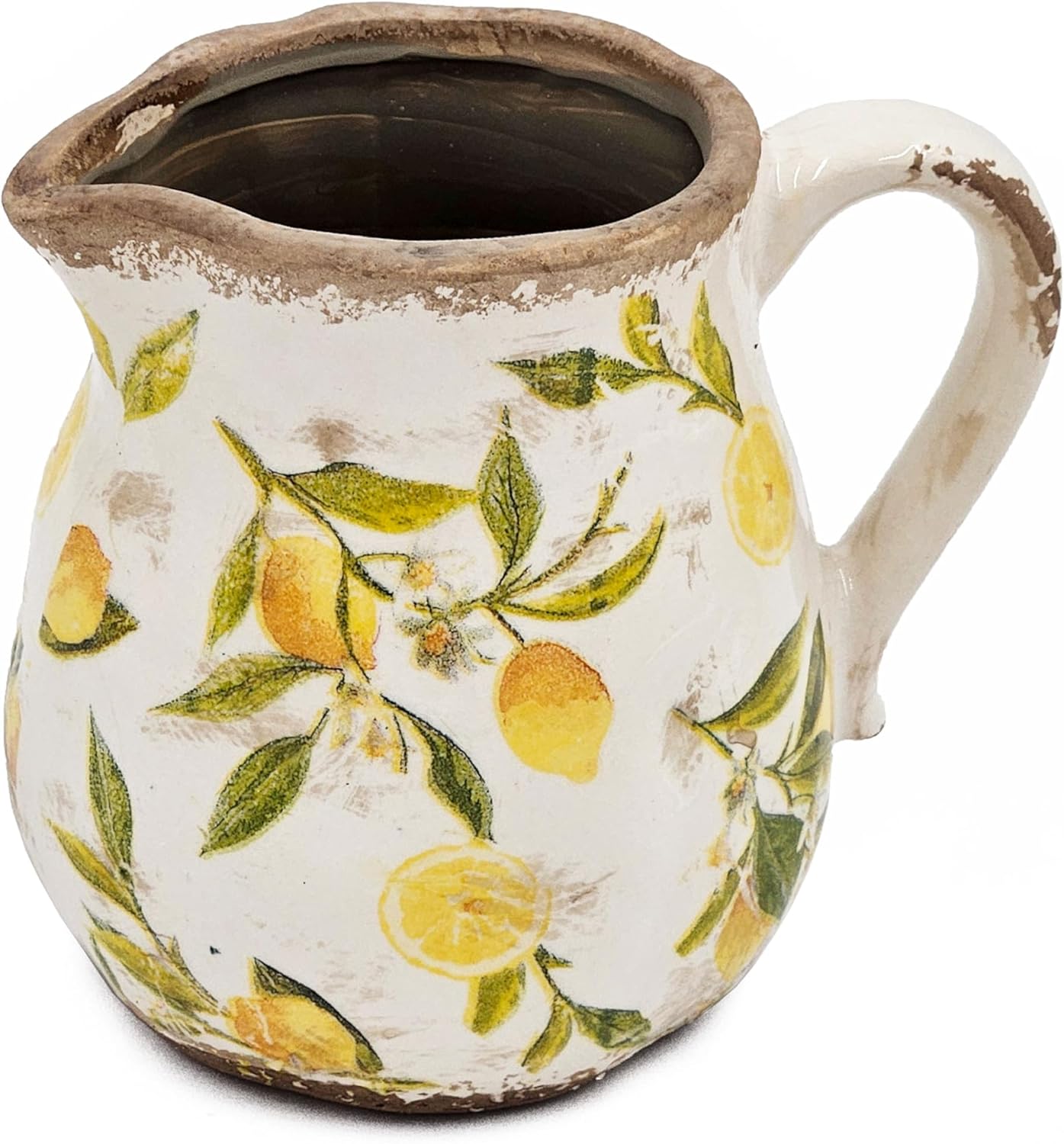 Round Ceramic Pitcher Vase with Lemon Motif Farmhouse Accent