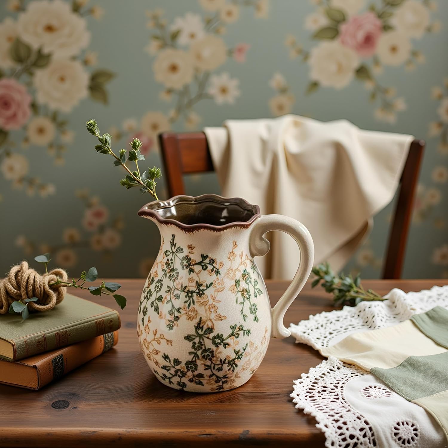 Vintage Vase with Handle - Green and Beige Rustic Ceramic Farmhouse Vase